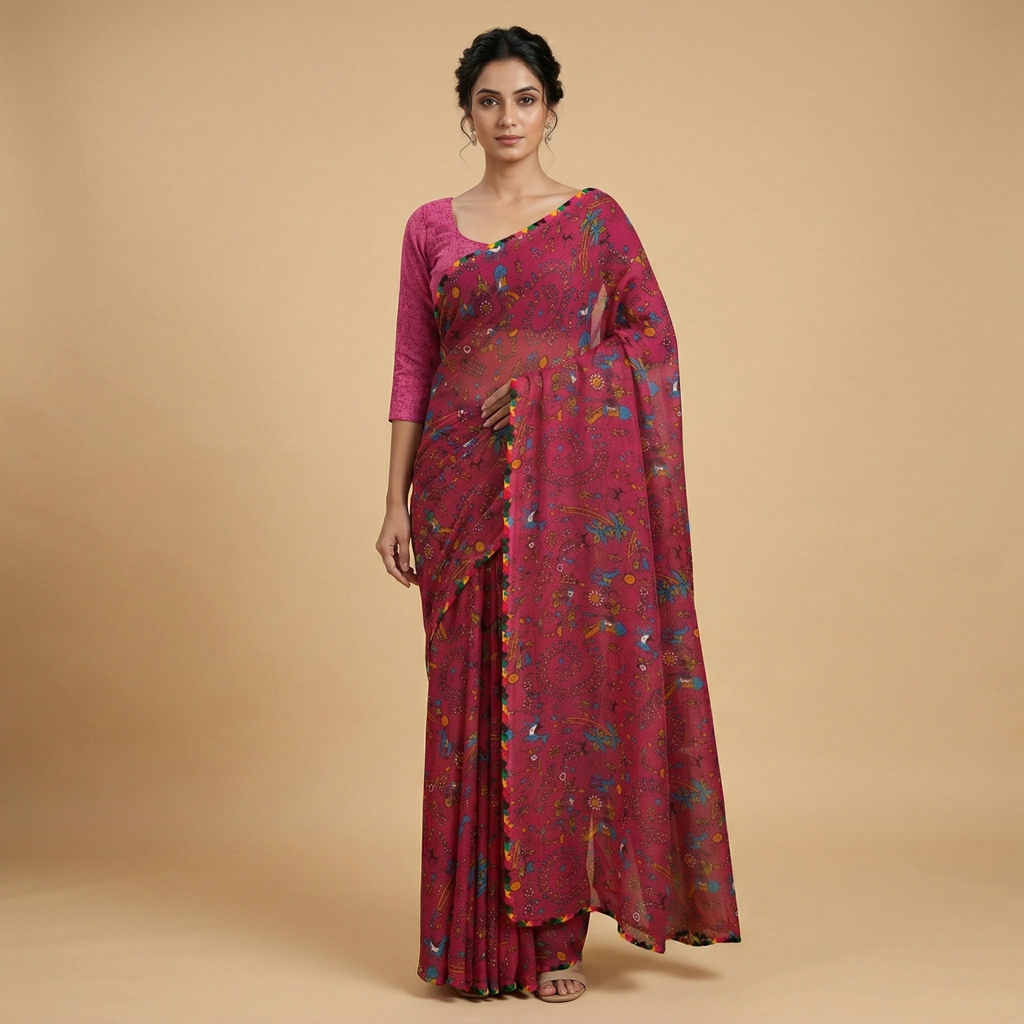 Pink Floral Printed Georgette Saree