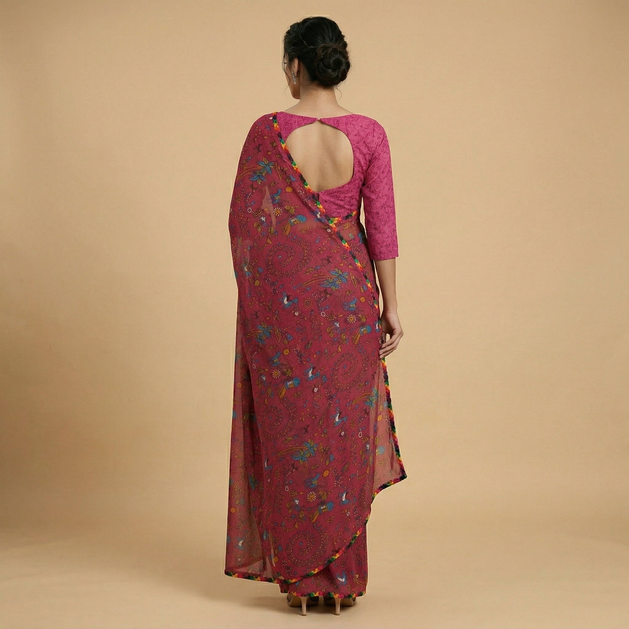 Pink Floral Printed Georgette Saree