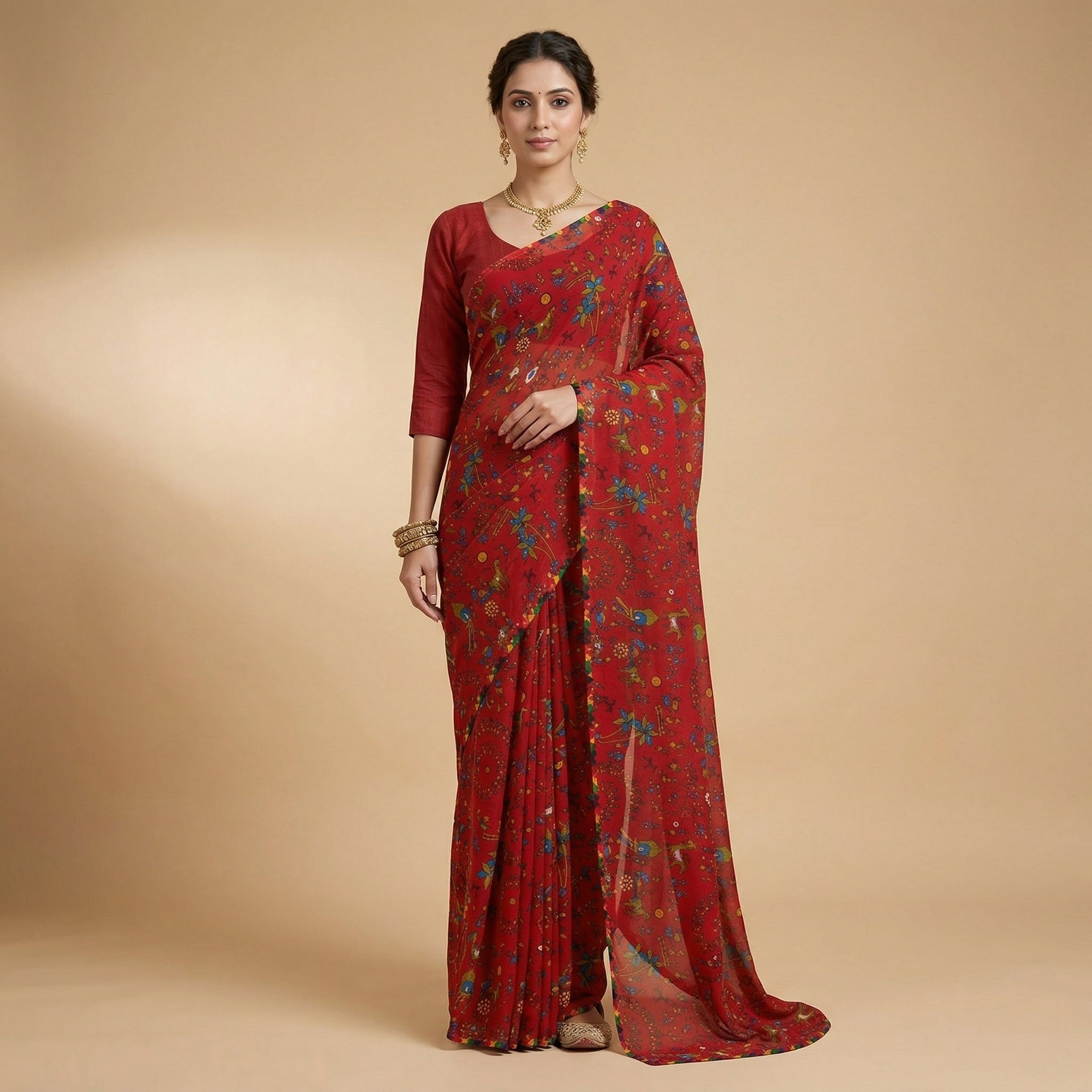 Red Floral Printed Georgette Saree
