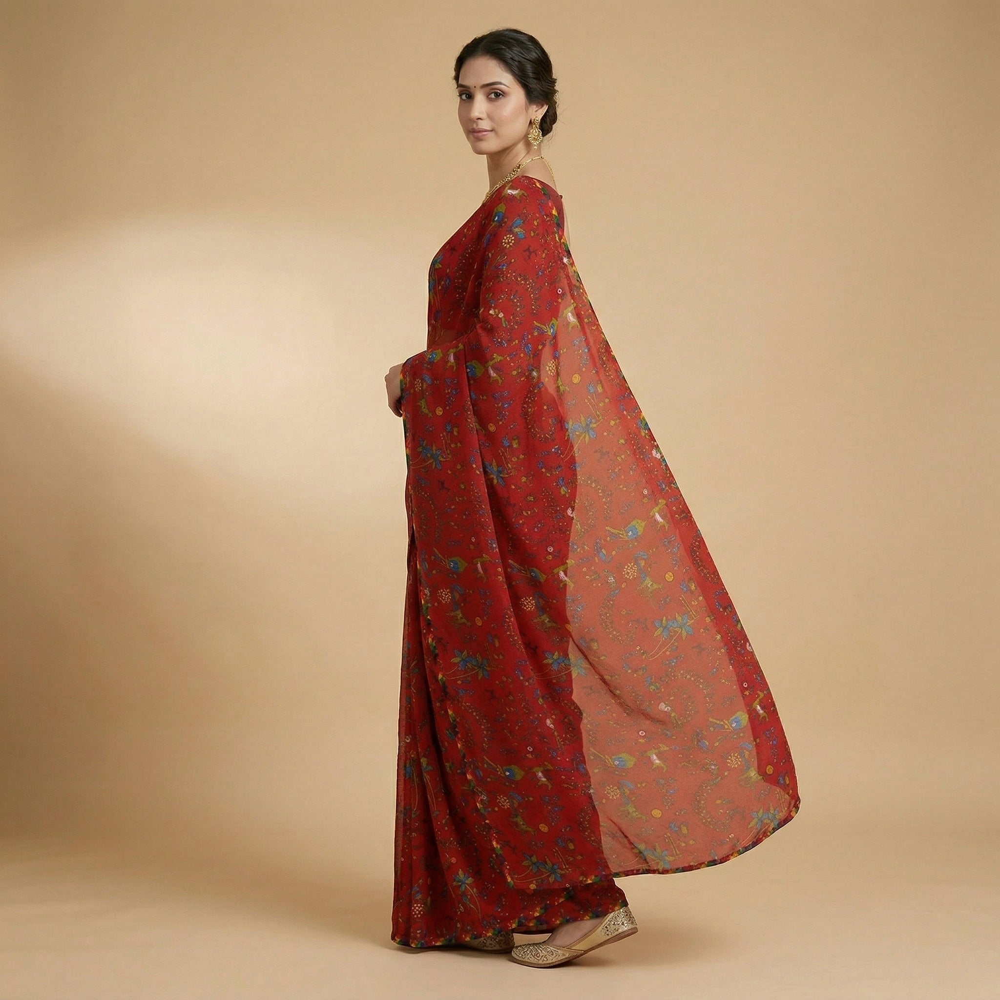 Red Floral Printed Georgette Saree