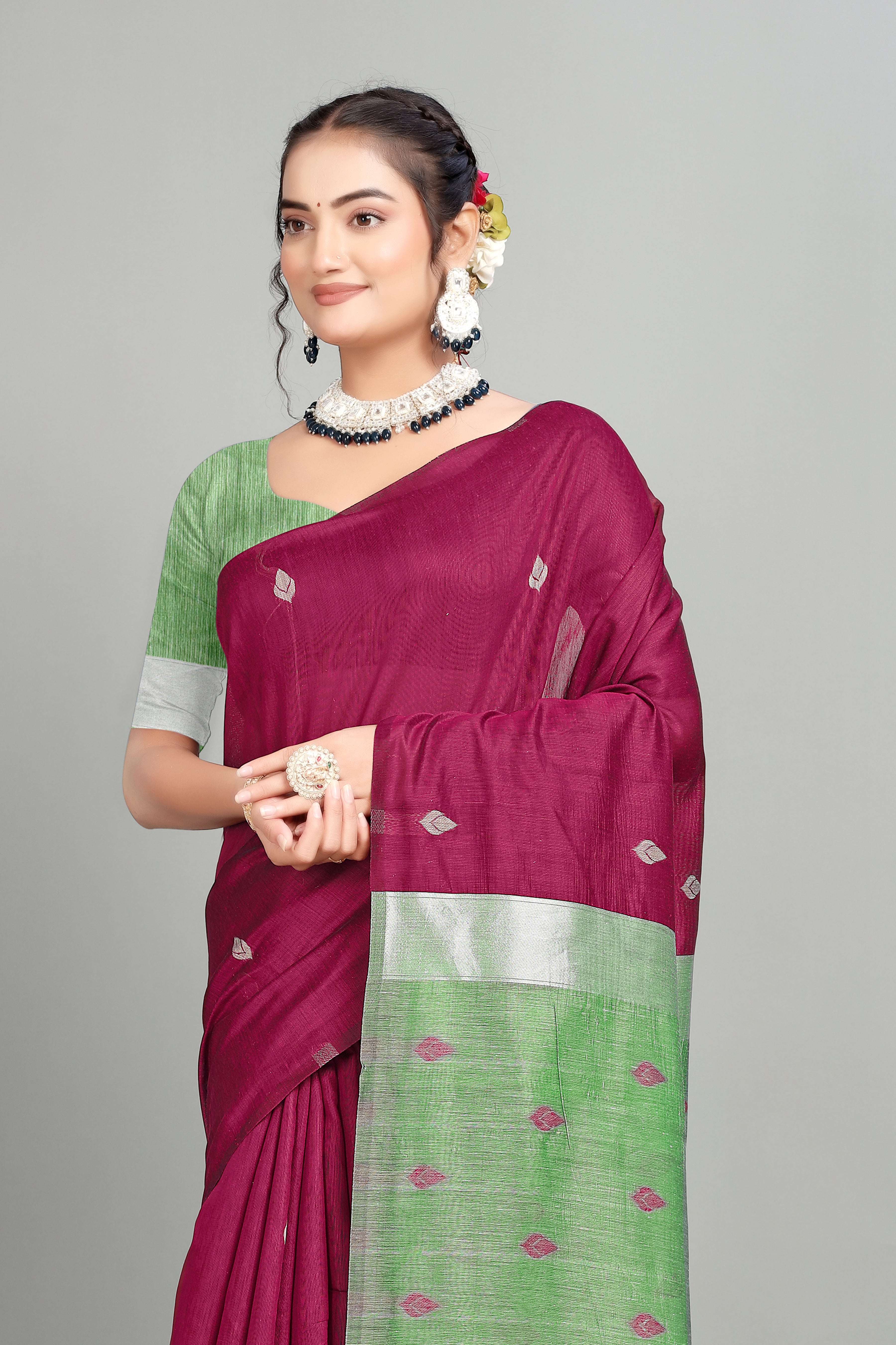 Wine Cotton Silk Two Toned Printed Saree