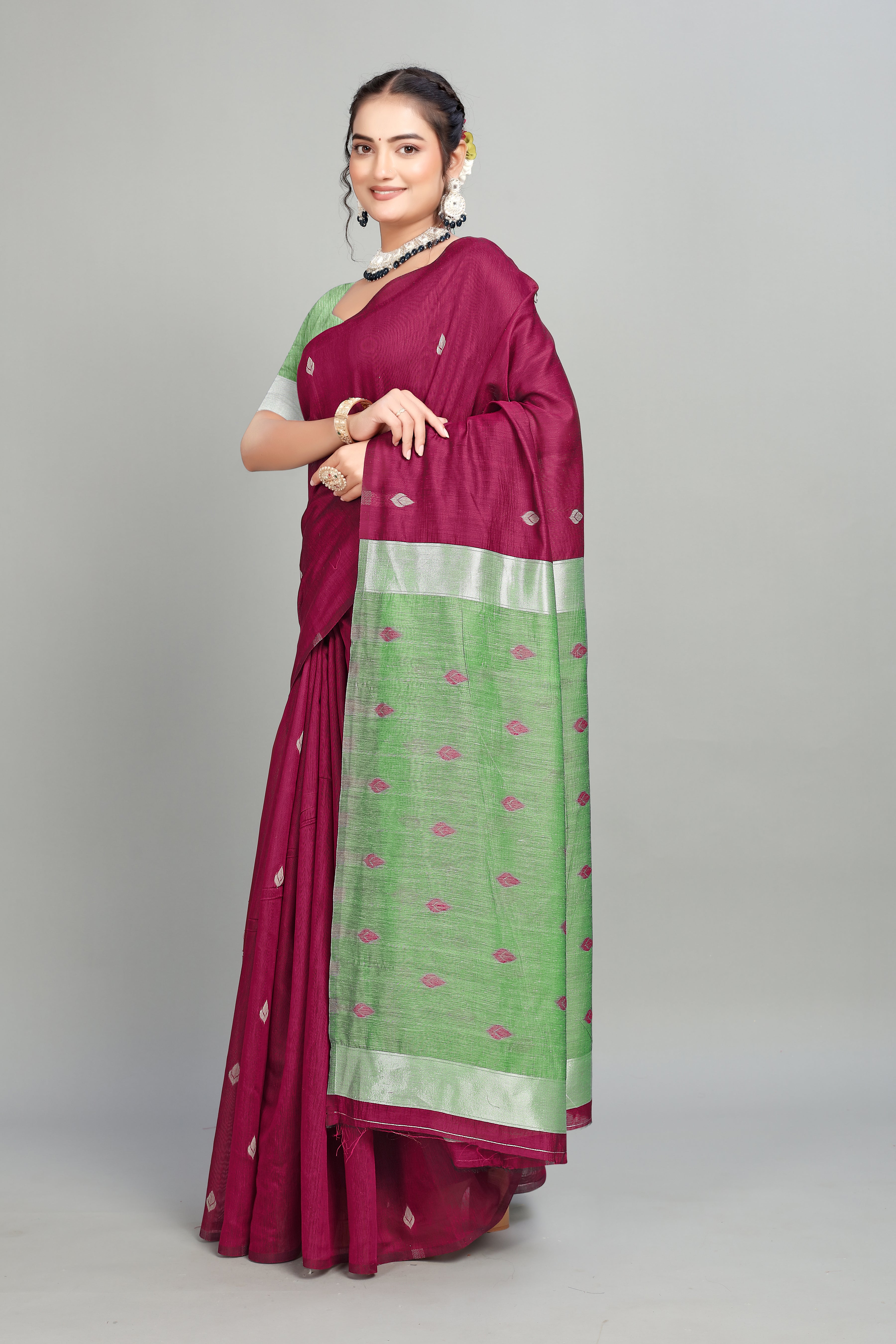 Wine Cotton Silk Two Toned Printed Saree