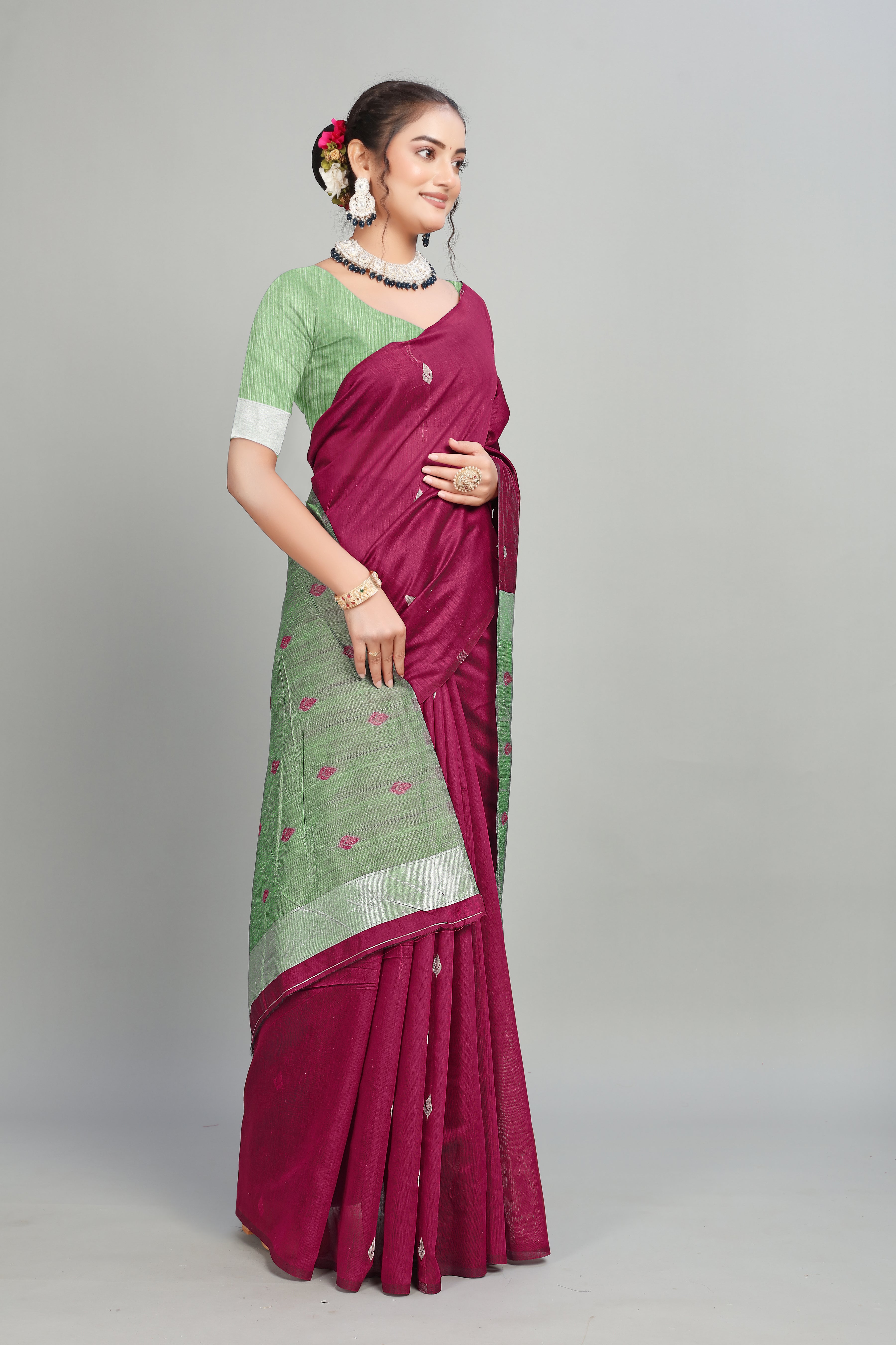 Wine Cotton Silk Two Toned Printed Saree