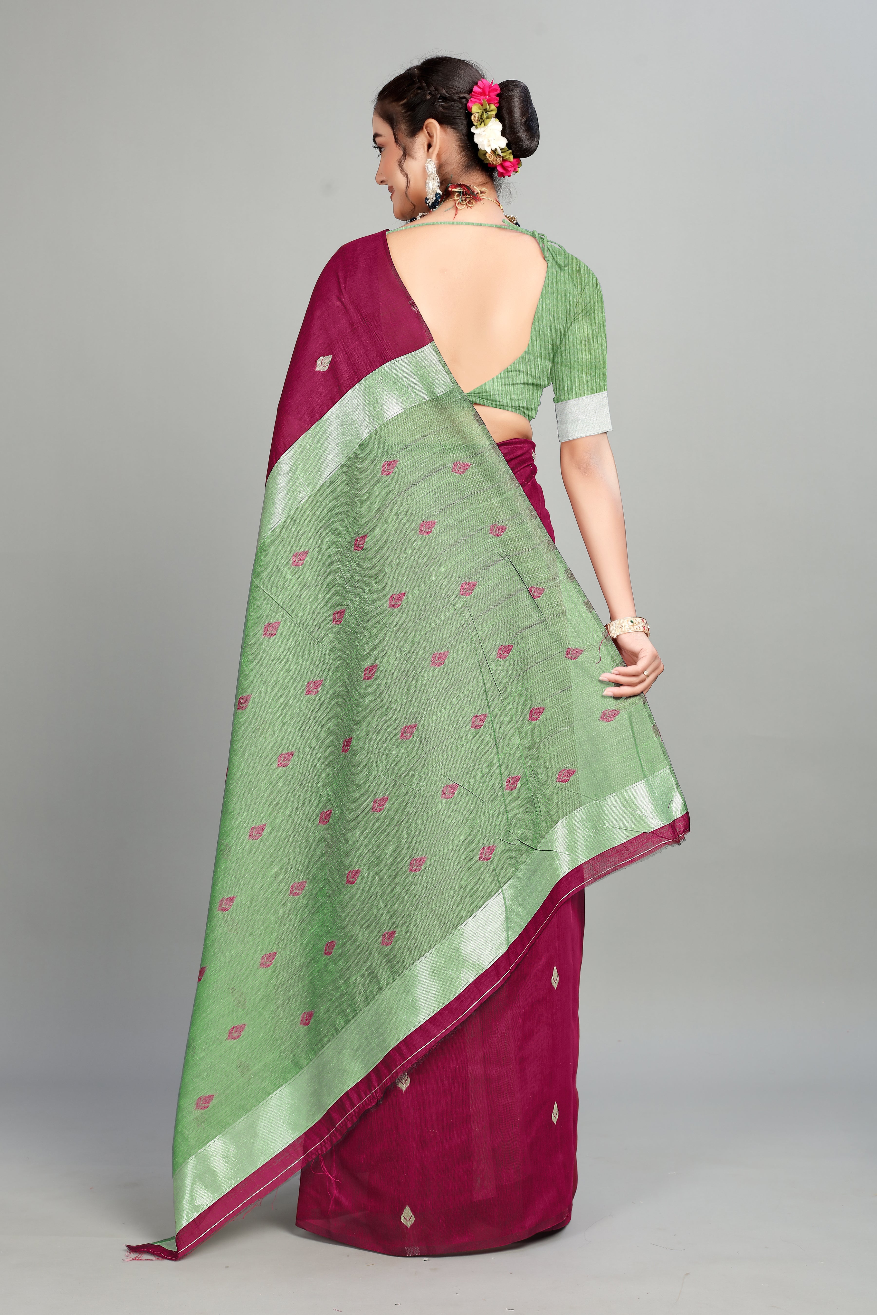Wine Cotton Silk Two Toned Printed Saree
