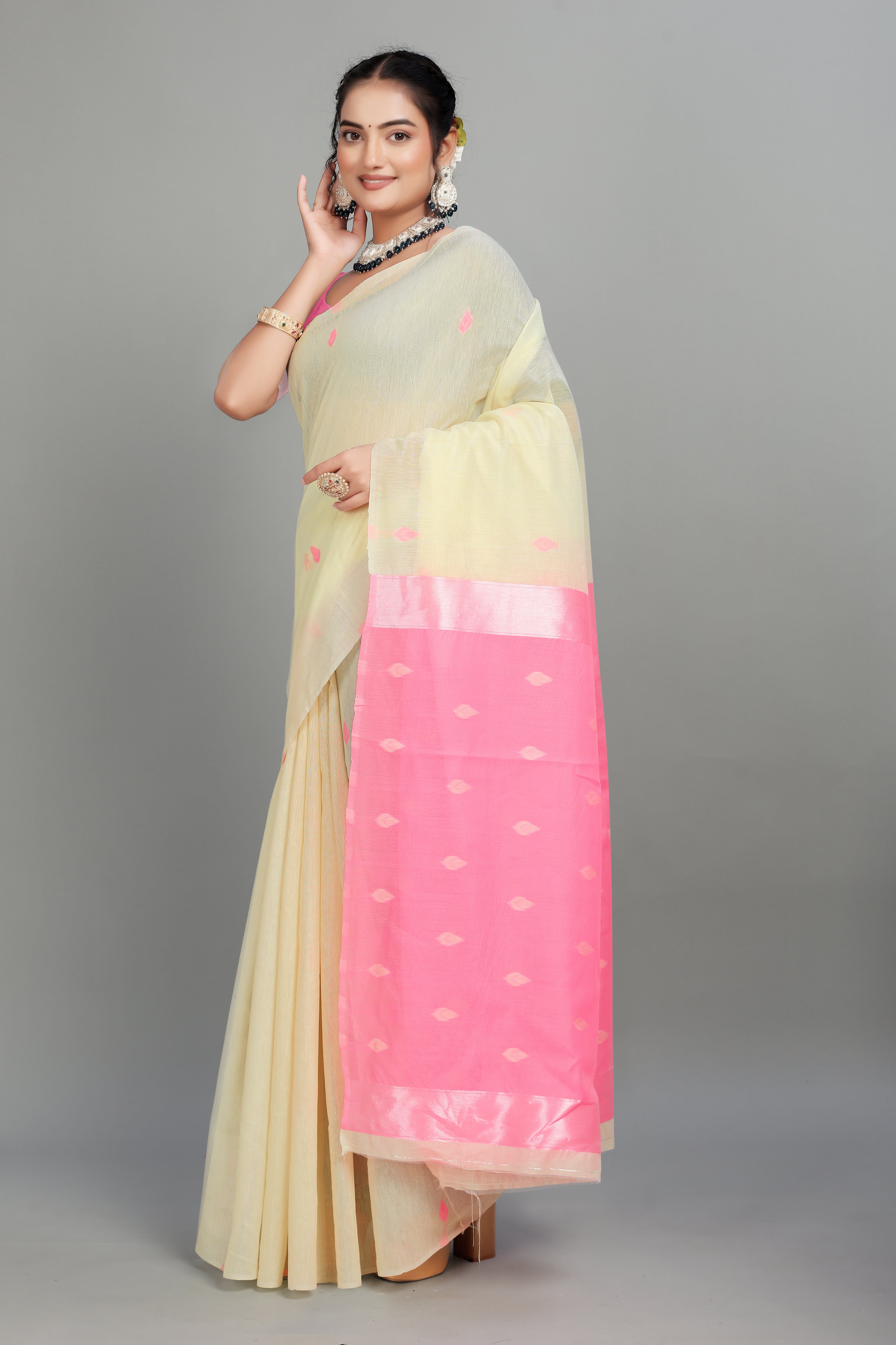 Beige Cotton Silk Two Toned Printed Saree