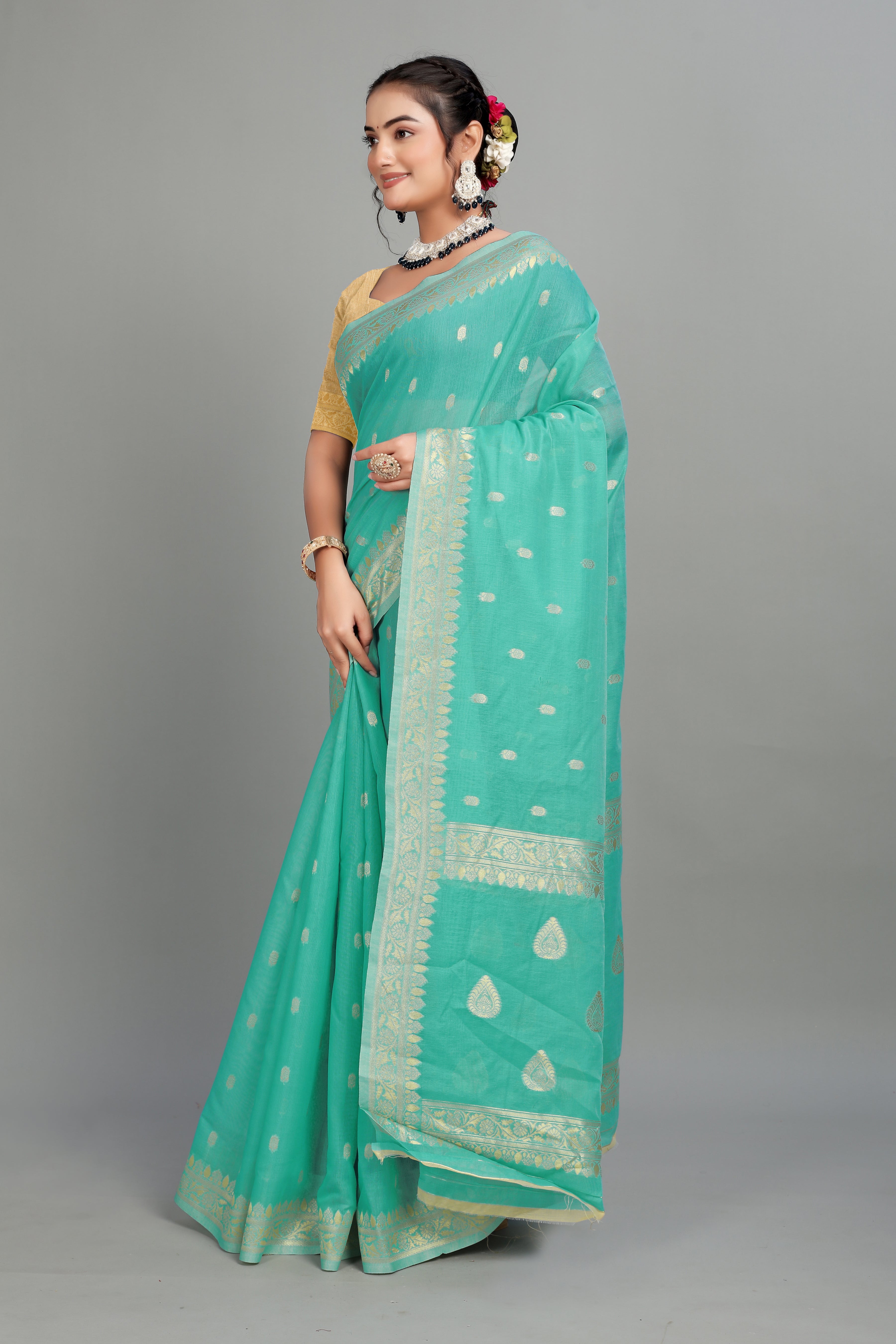 Light Blue Soft Lilan Slab Butti Print Casual Wear Saree