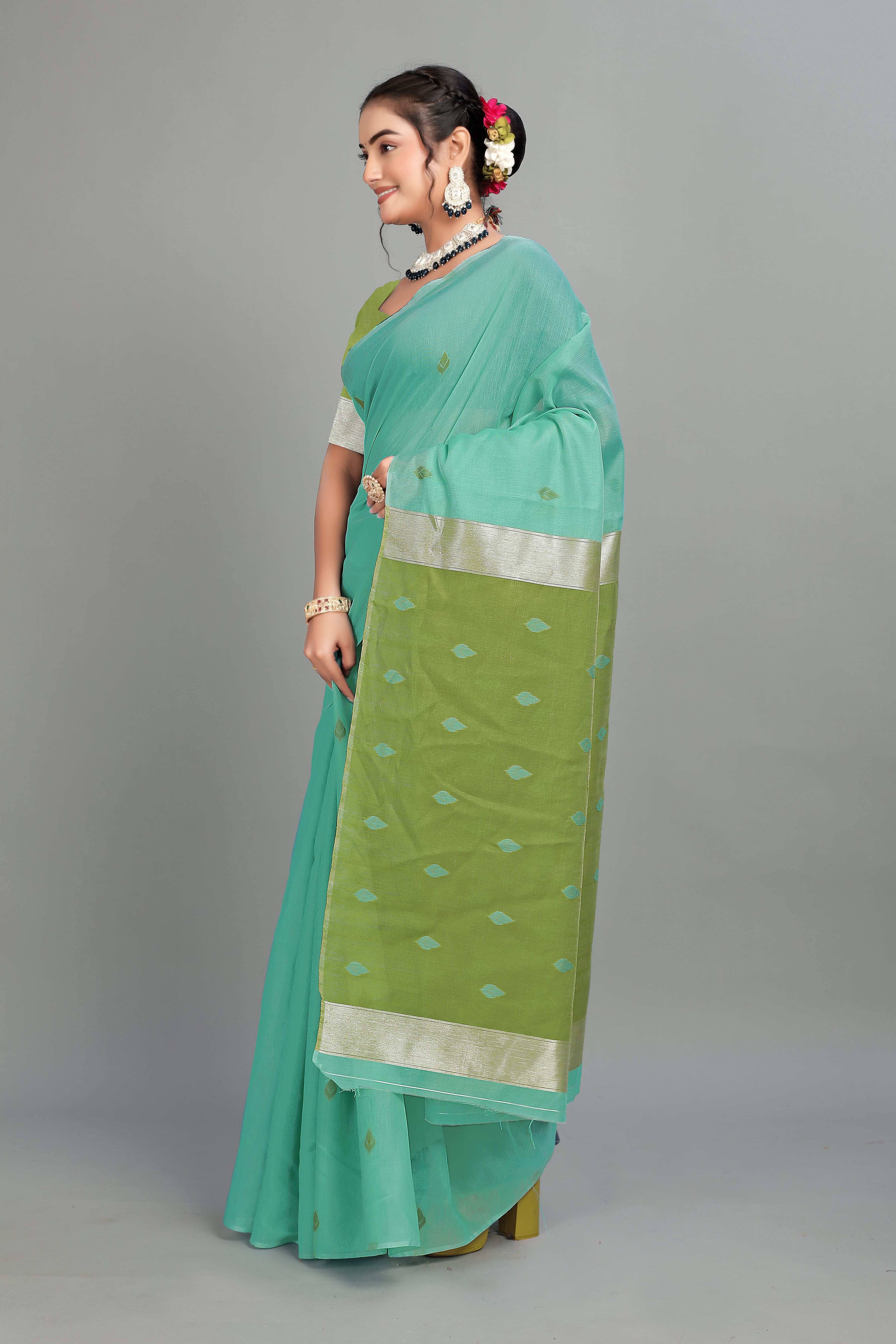 Mint Cotton Silk Two Toned Printed Saree
