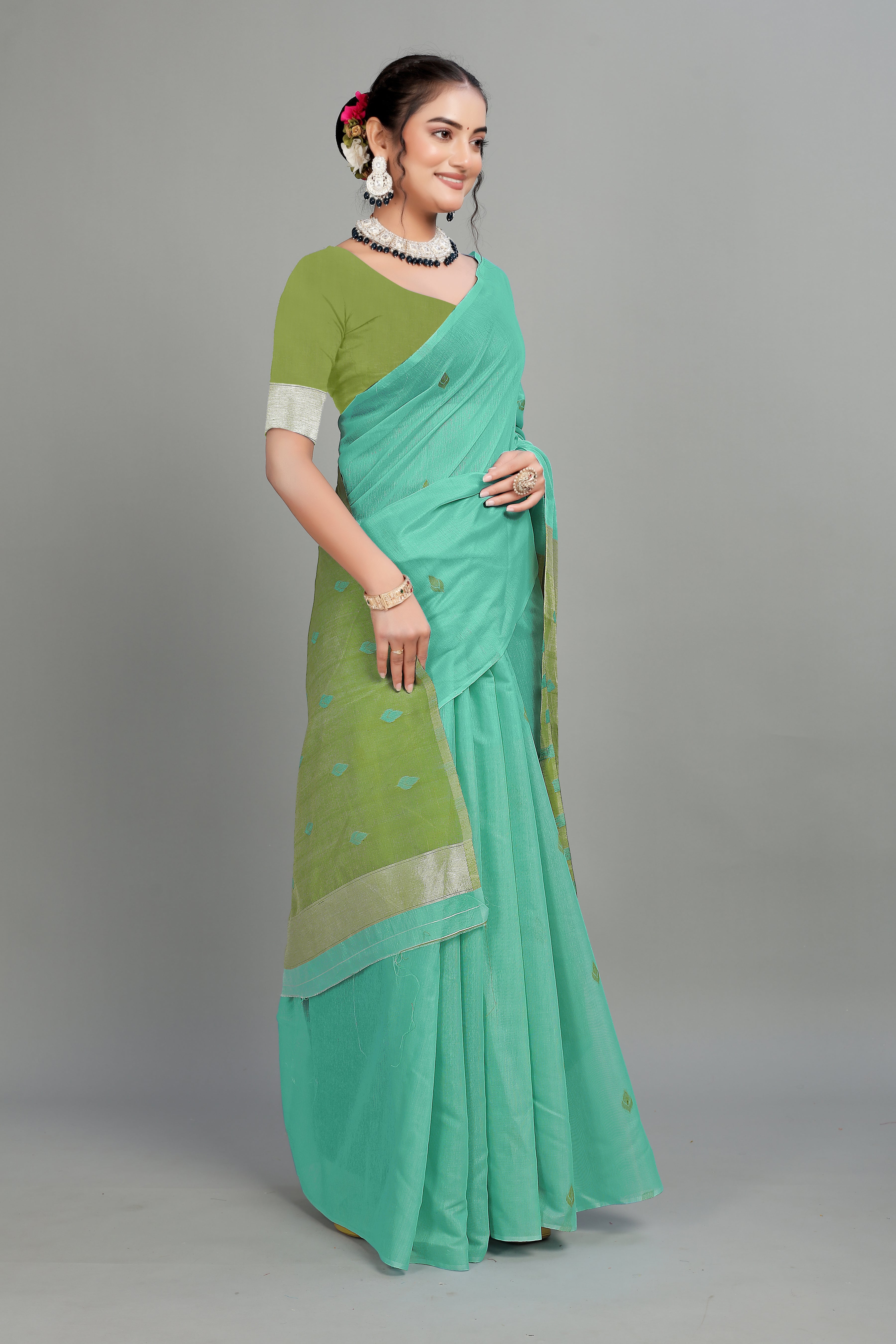 Mint Cotton Silk Two Toned Printed Saree