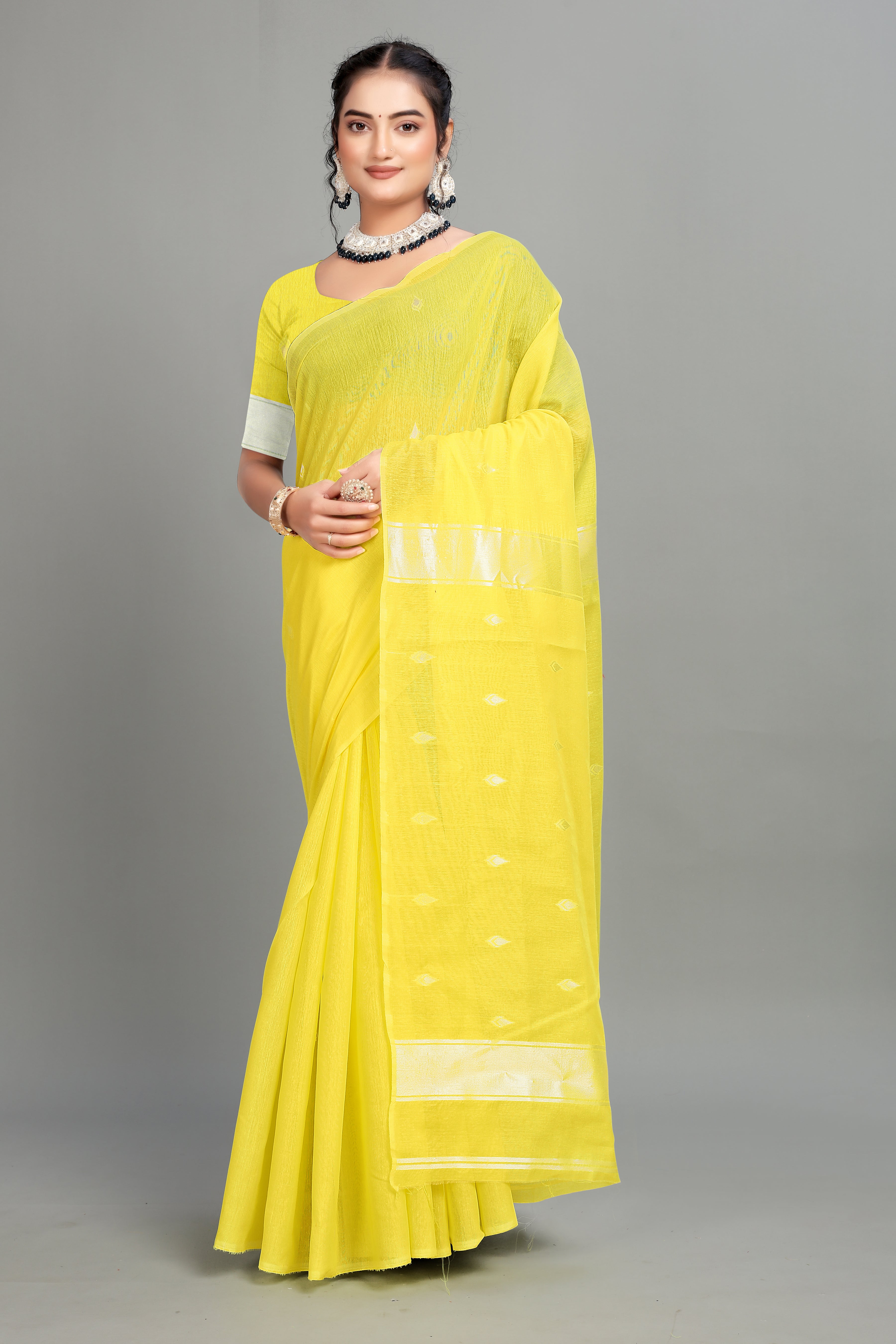Yellow Cotton Silk Two Toned Printed Saree