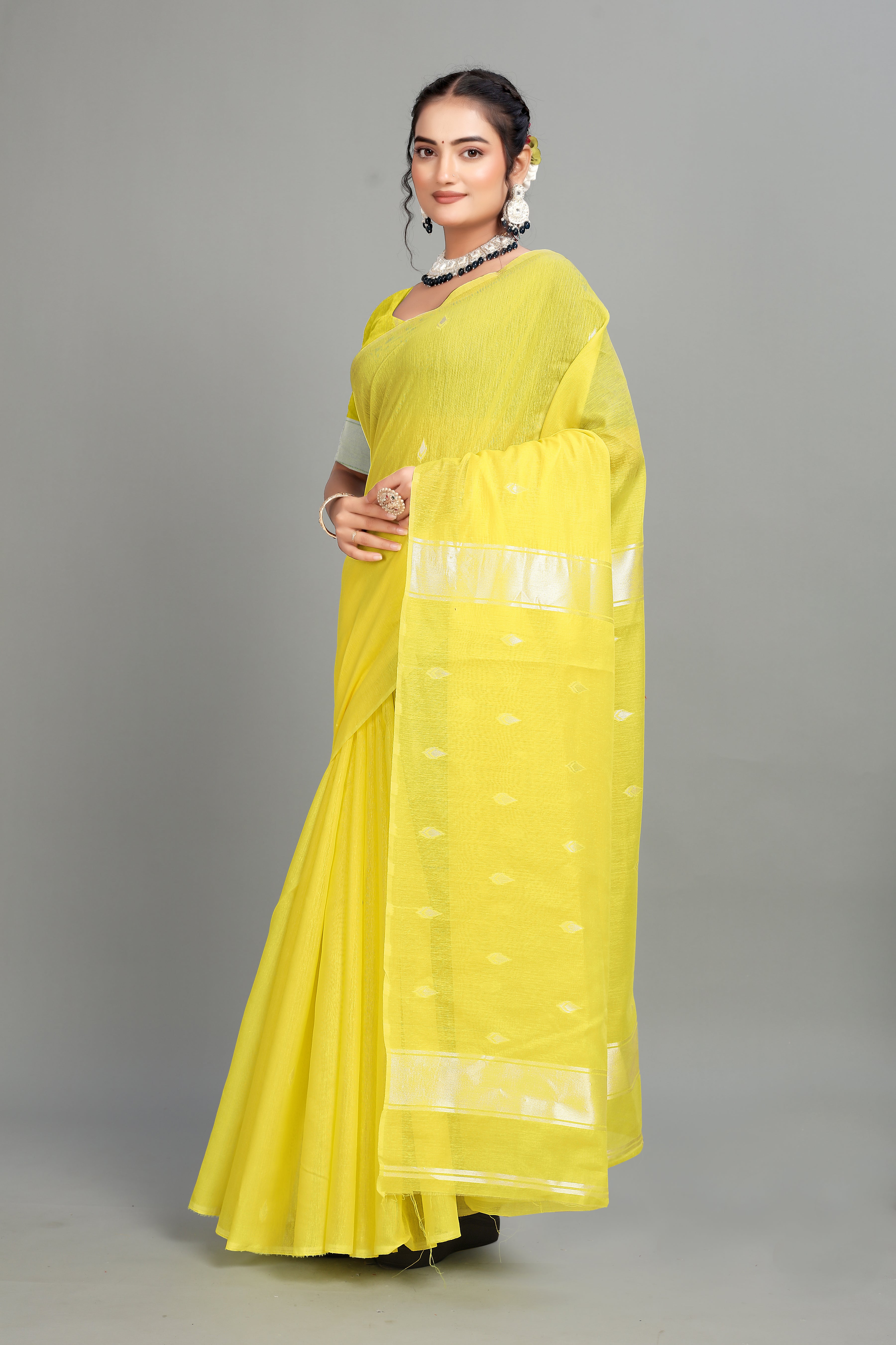 Yellow Cotton Silk Two Toned Printed Saree