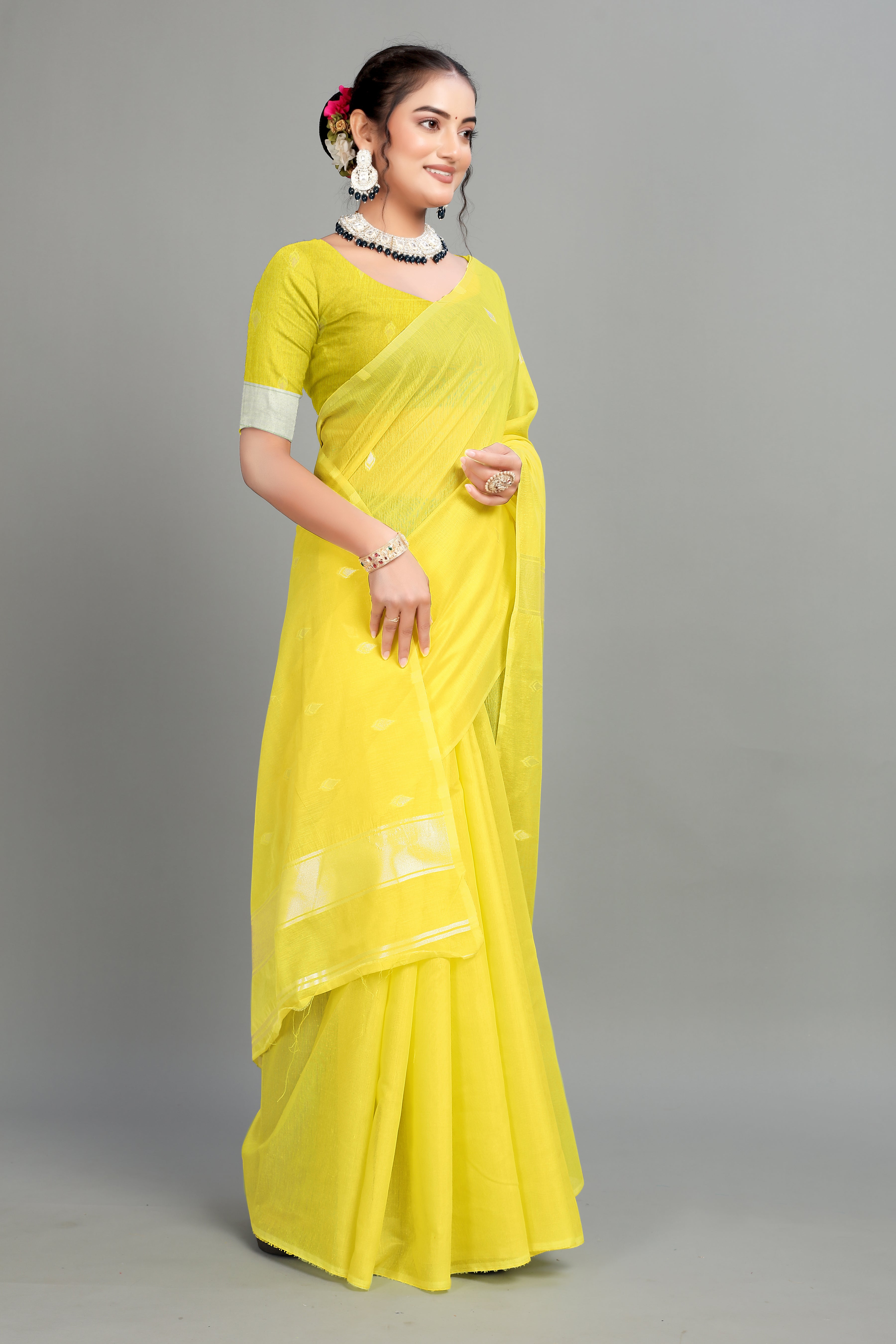 Yellow Cotton Silk Two Toned Printed Saree