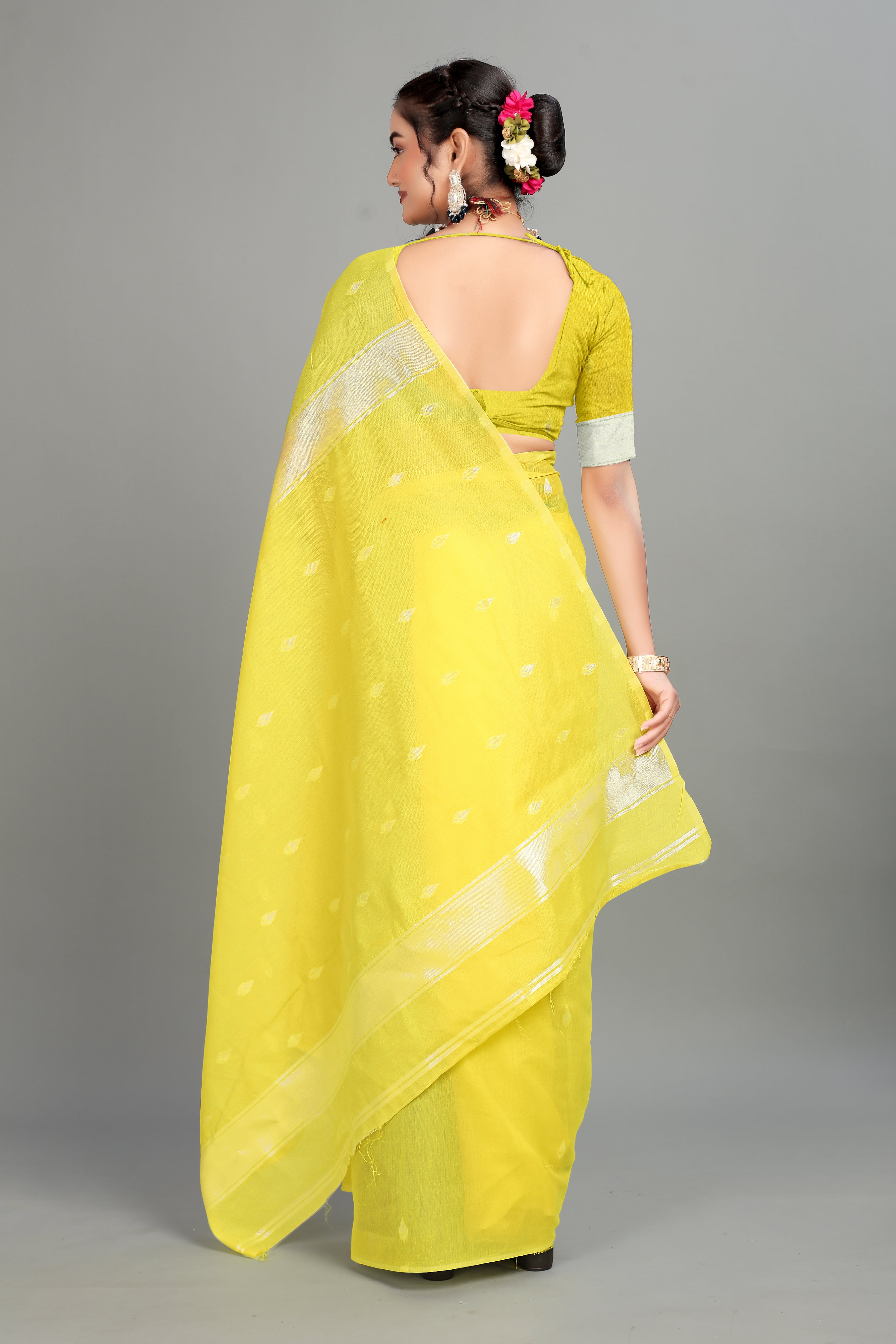 Yellow Cotton Silk Two Toned Printed Saree
