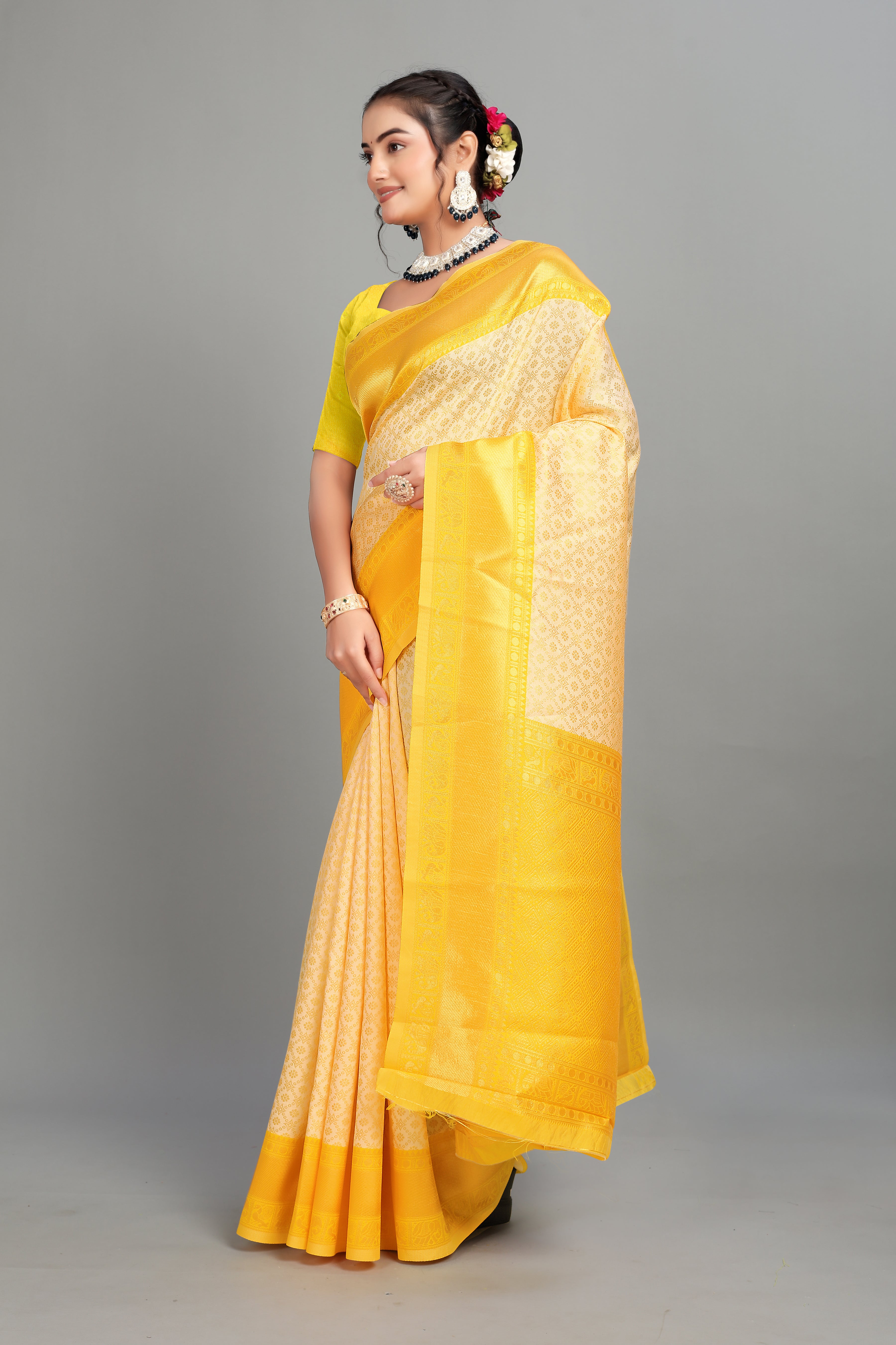 Cream Woven Banarasi Silk Saree