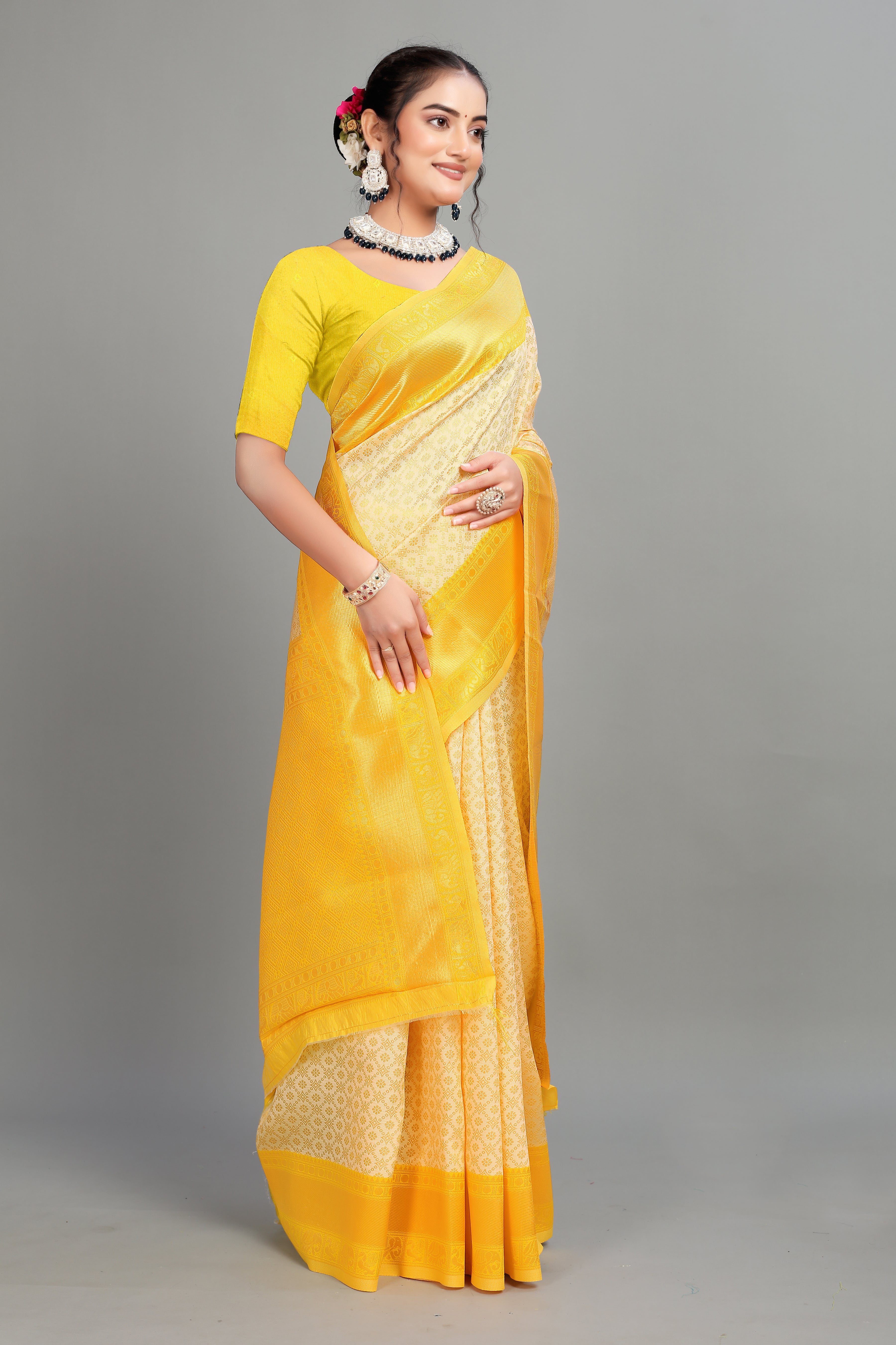 Cream Woven Banarasi Silk Saree