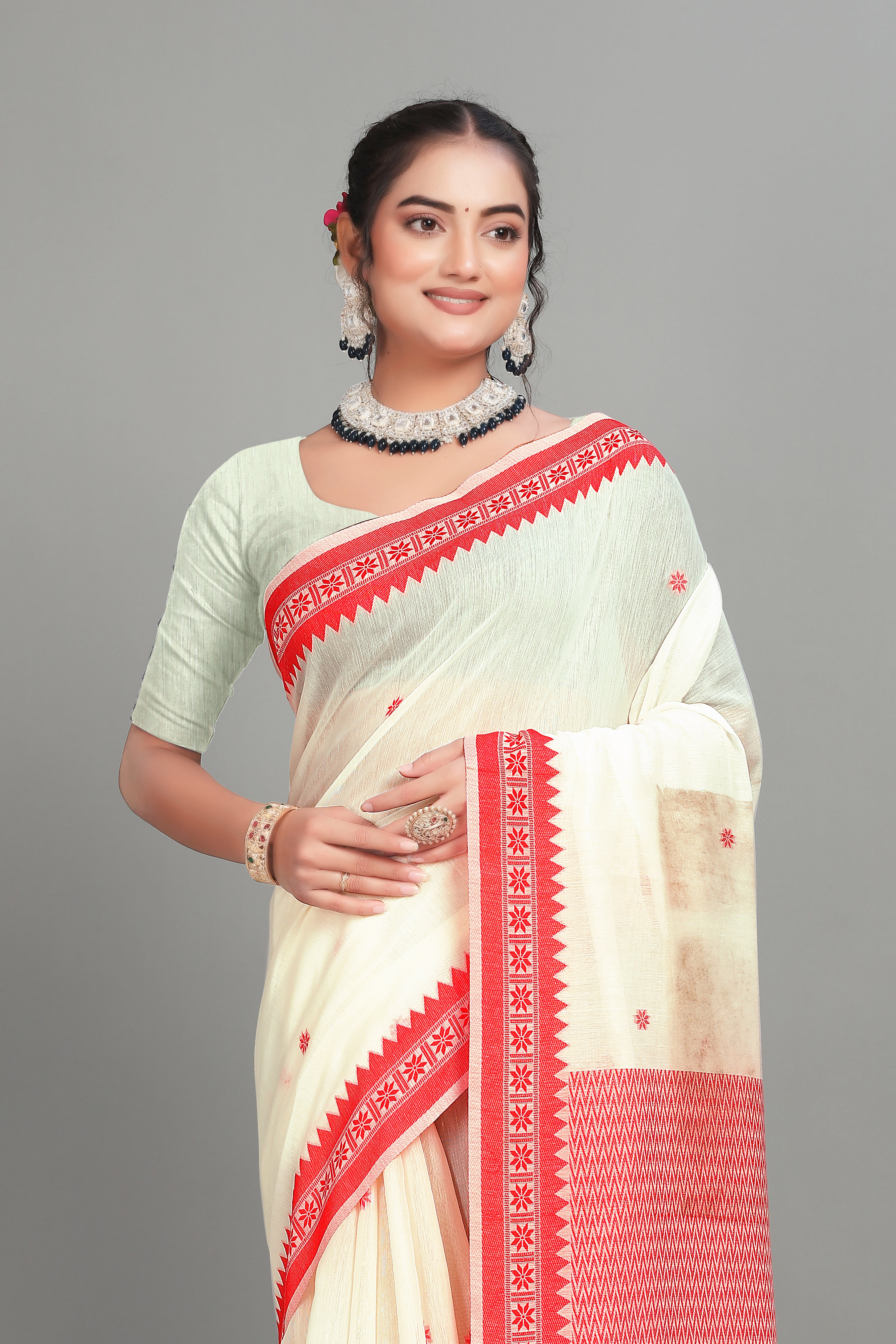 White Two Toned Cotton Silk Saree