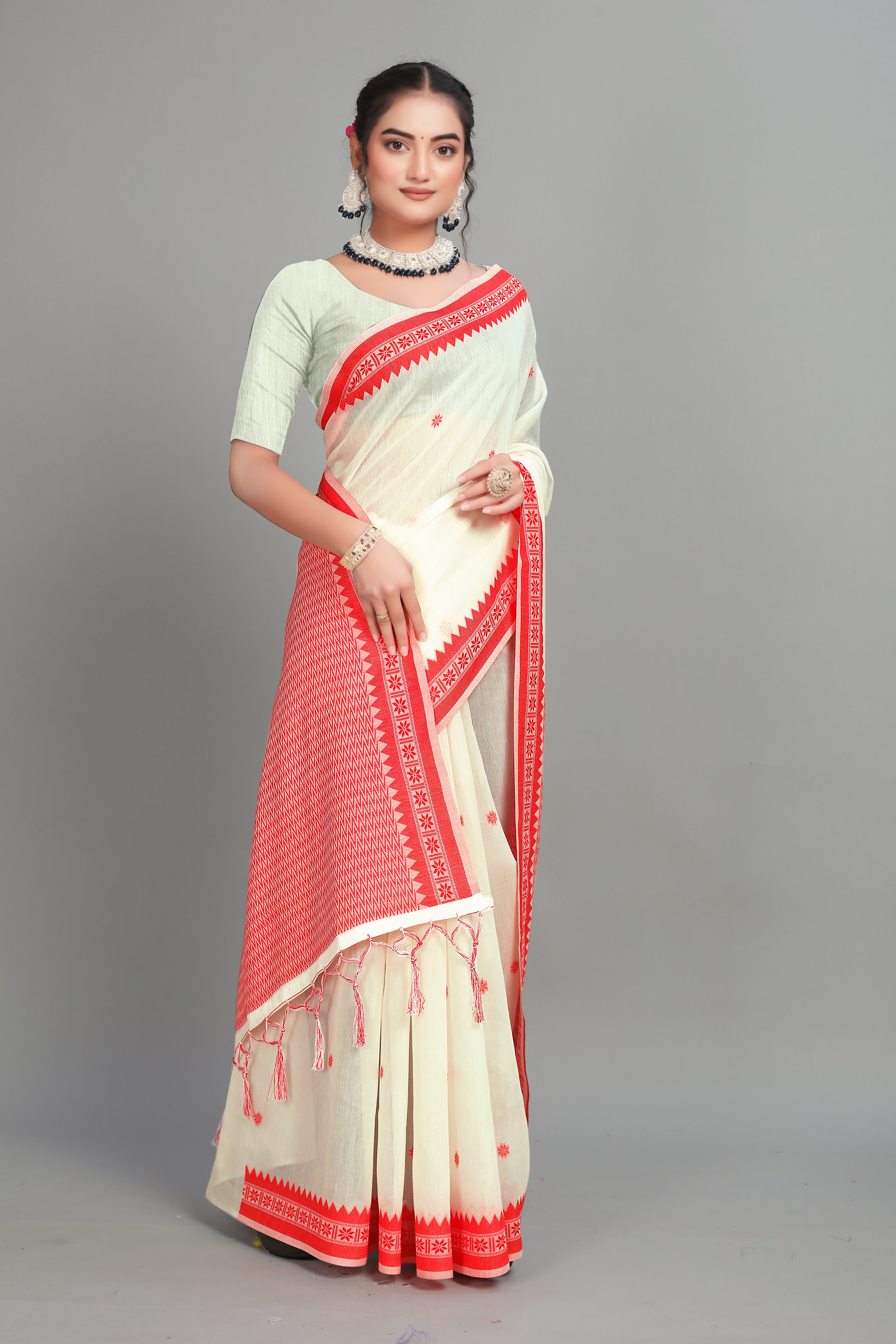 White Two Toned Cotton Silk Saree