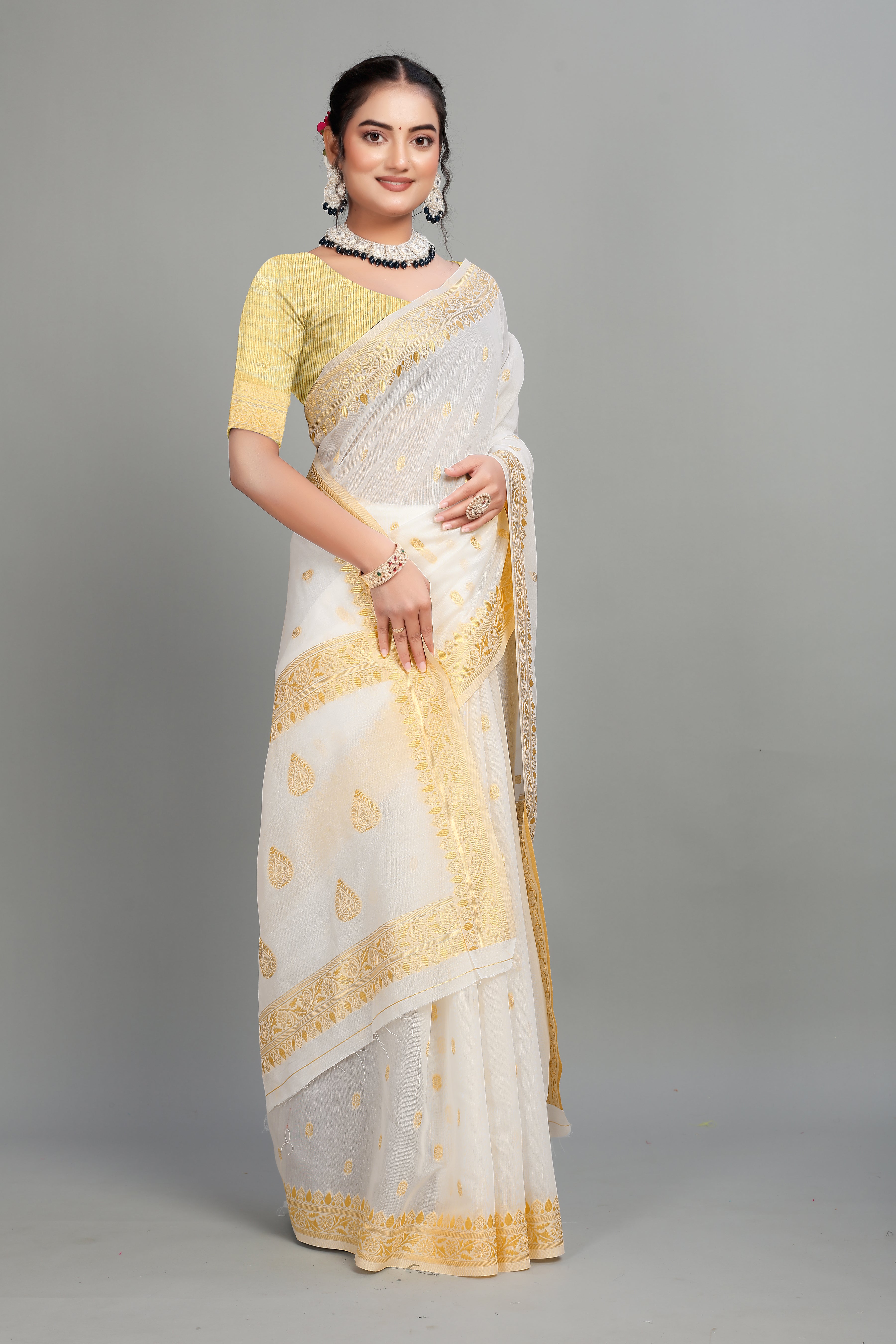 White Soft Lilan Slab Butti Print Casual Wear Saree