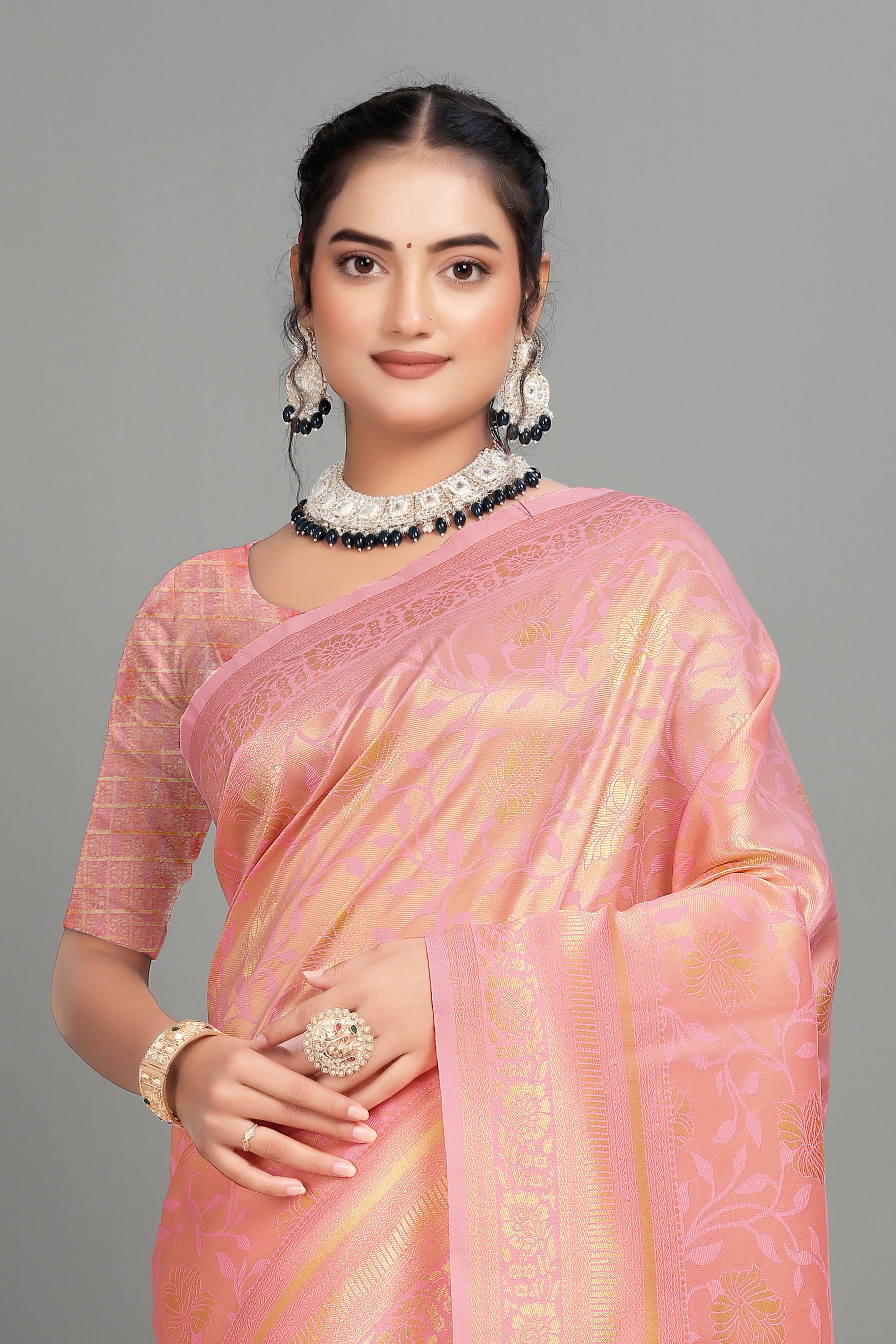 Baby Pink Woven Banarasi Silk Saree