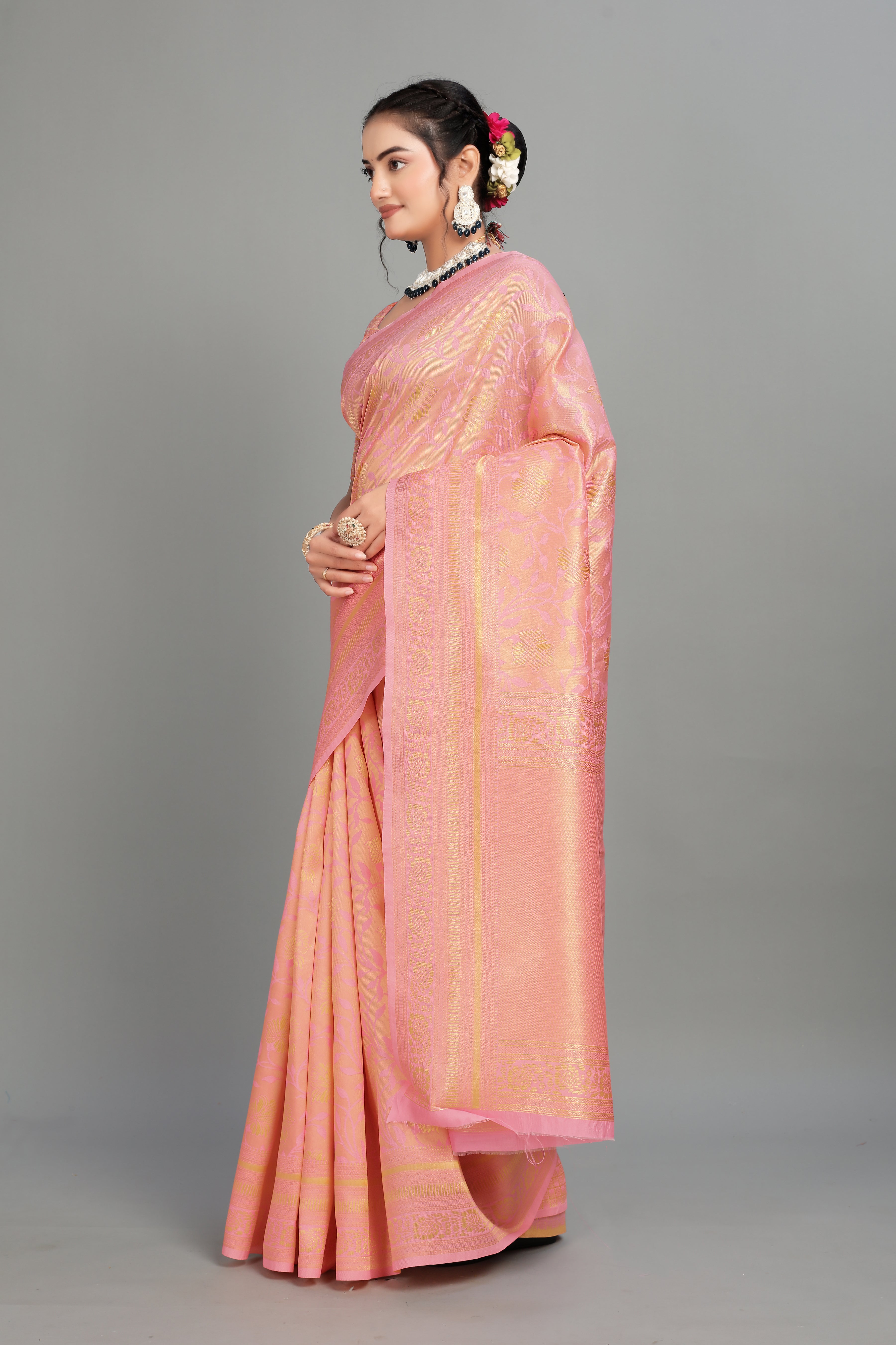 Baby Pink Woven Banarasi Silk Saree