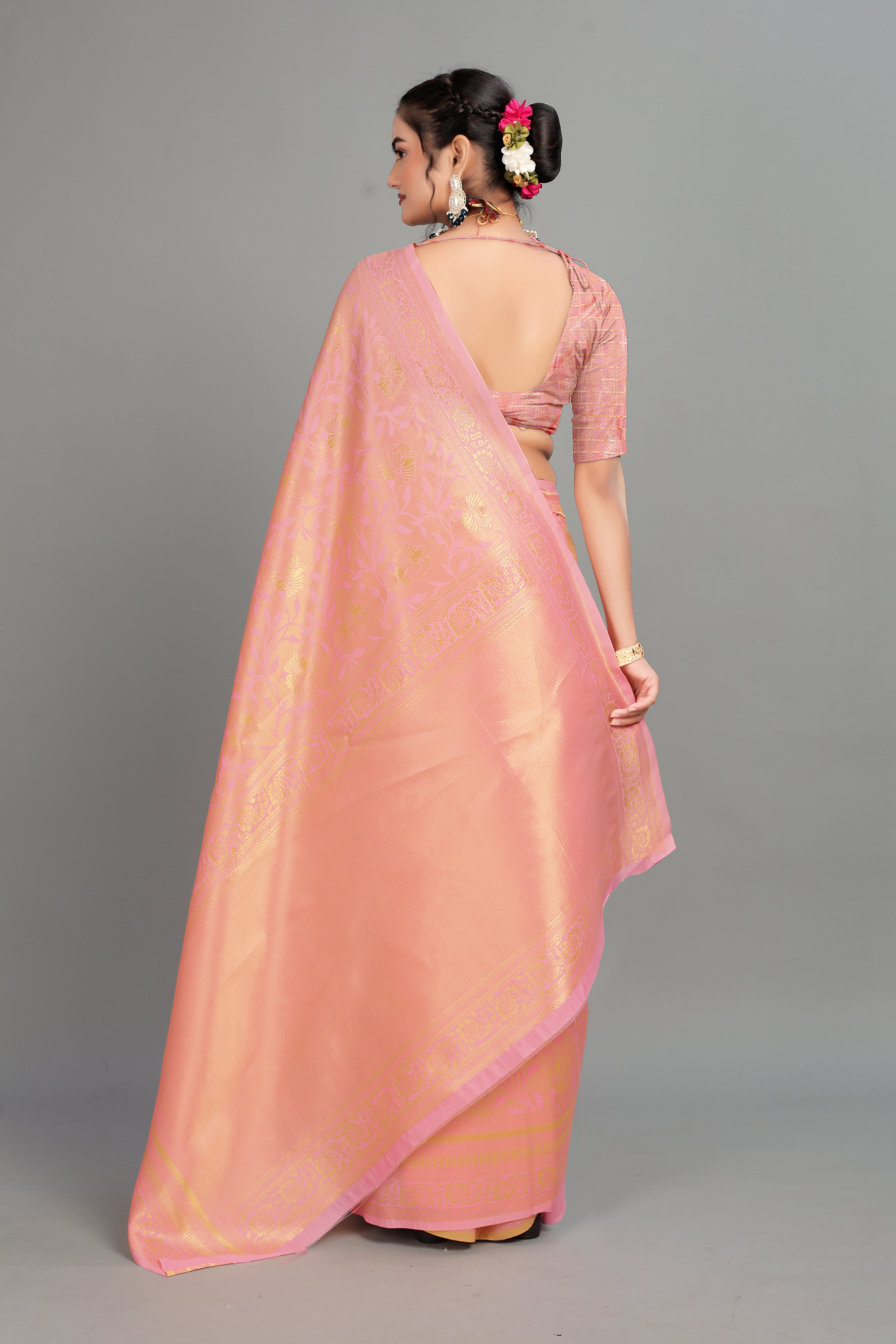 Baby Pink Woven Banarasi Silk Saree