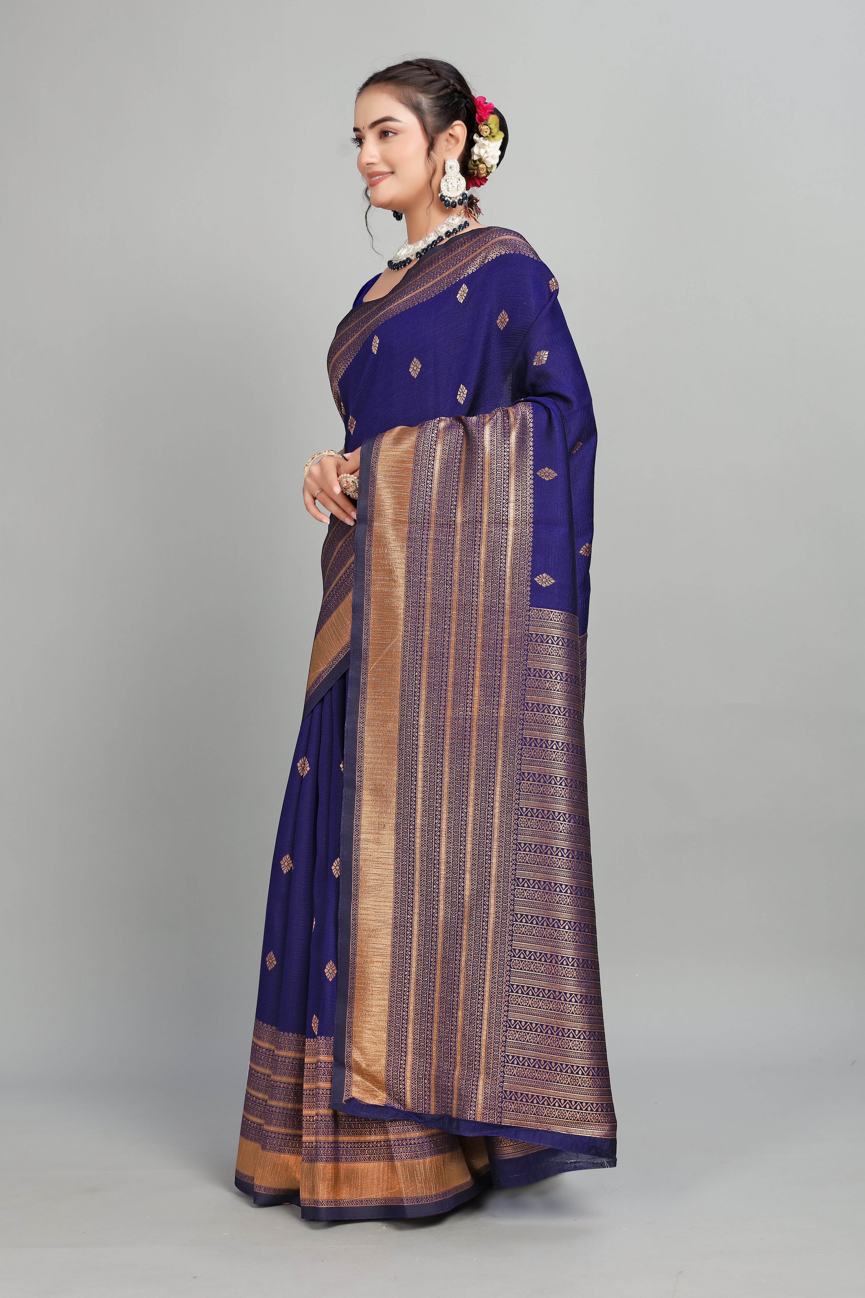 Navy Blue Woven Silk Saree