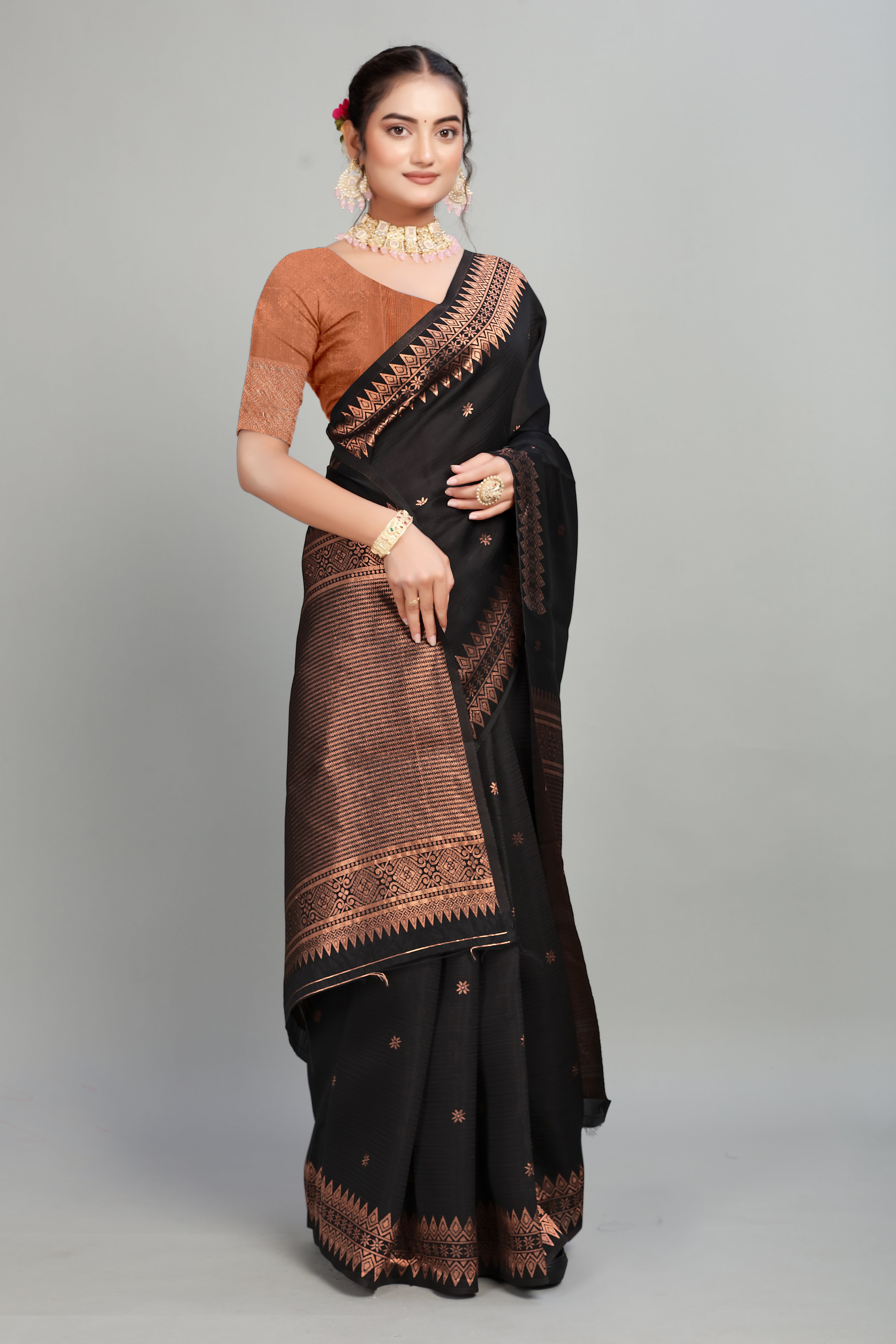 Black Solid Woven Silk Saree