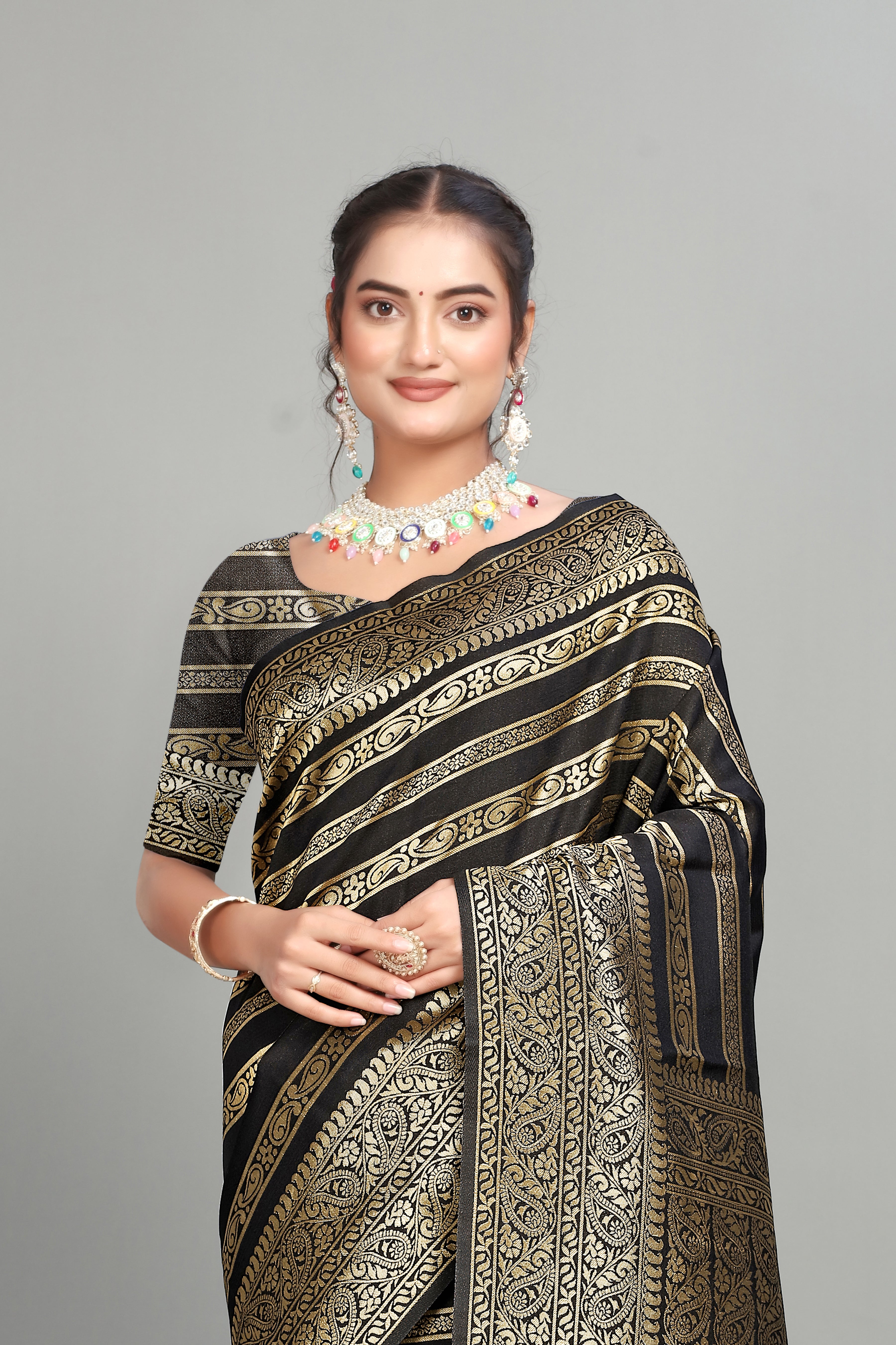 Black Soft Lichi Silk Golden Striped Silk Saree