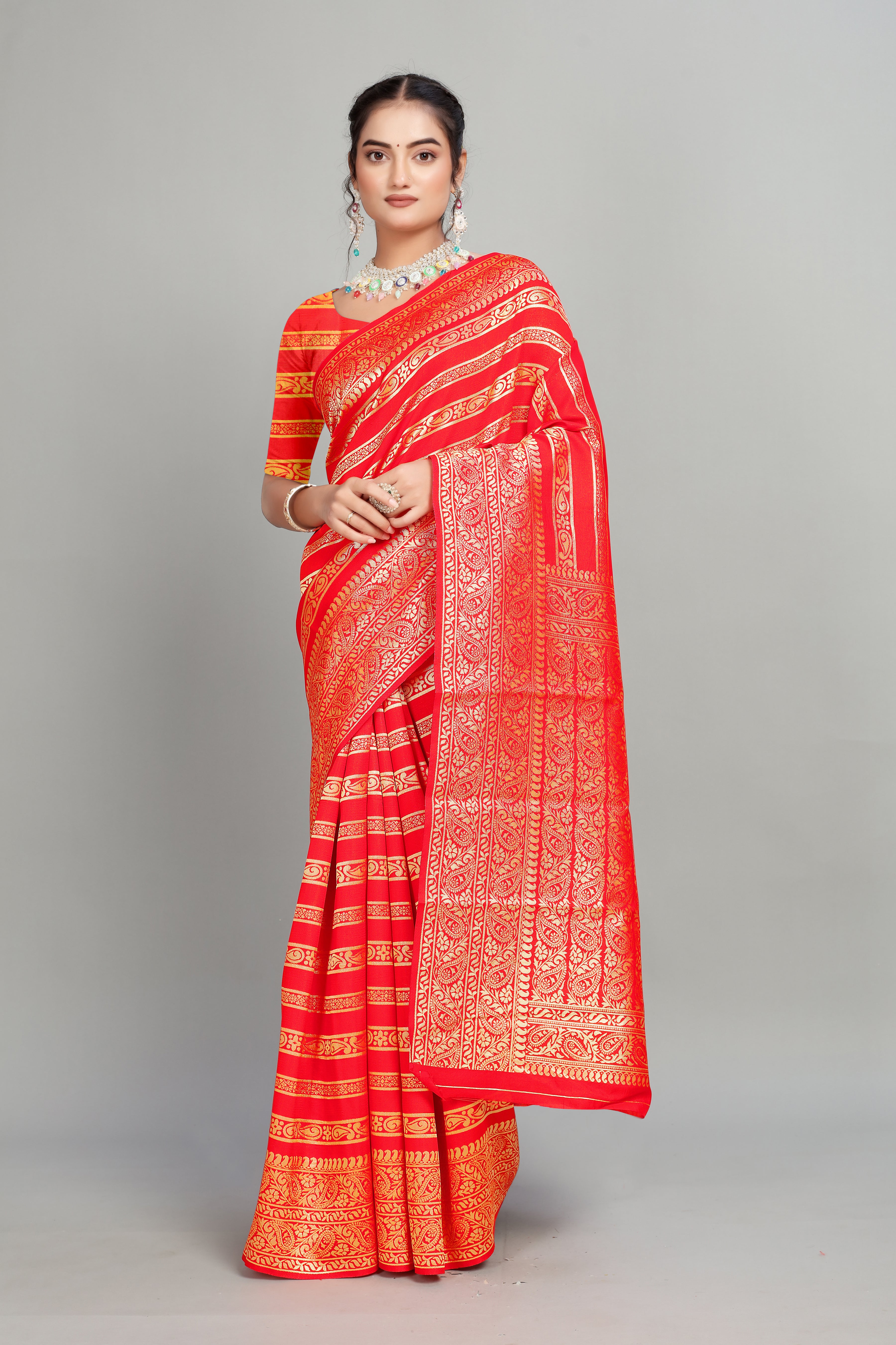 Red Soft Lichi Silk Golden Striped Silk Saree