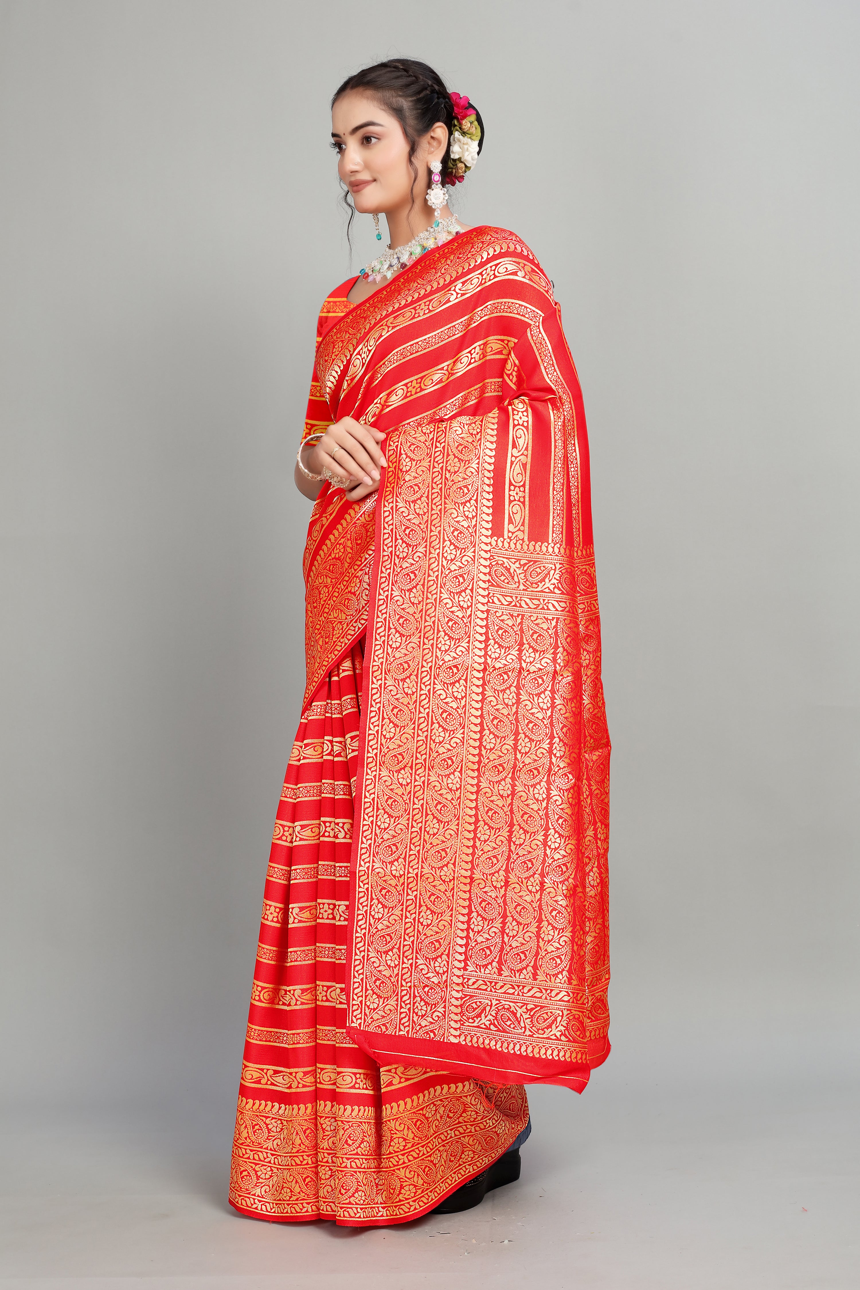 Red Soft Lichi Silk Golden Striped Silk Saree
