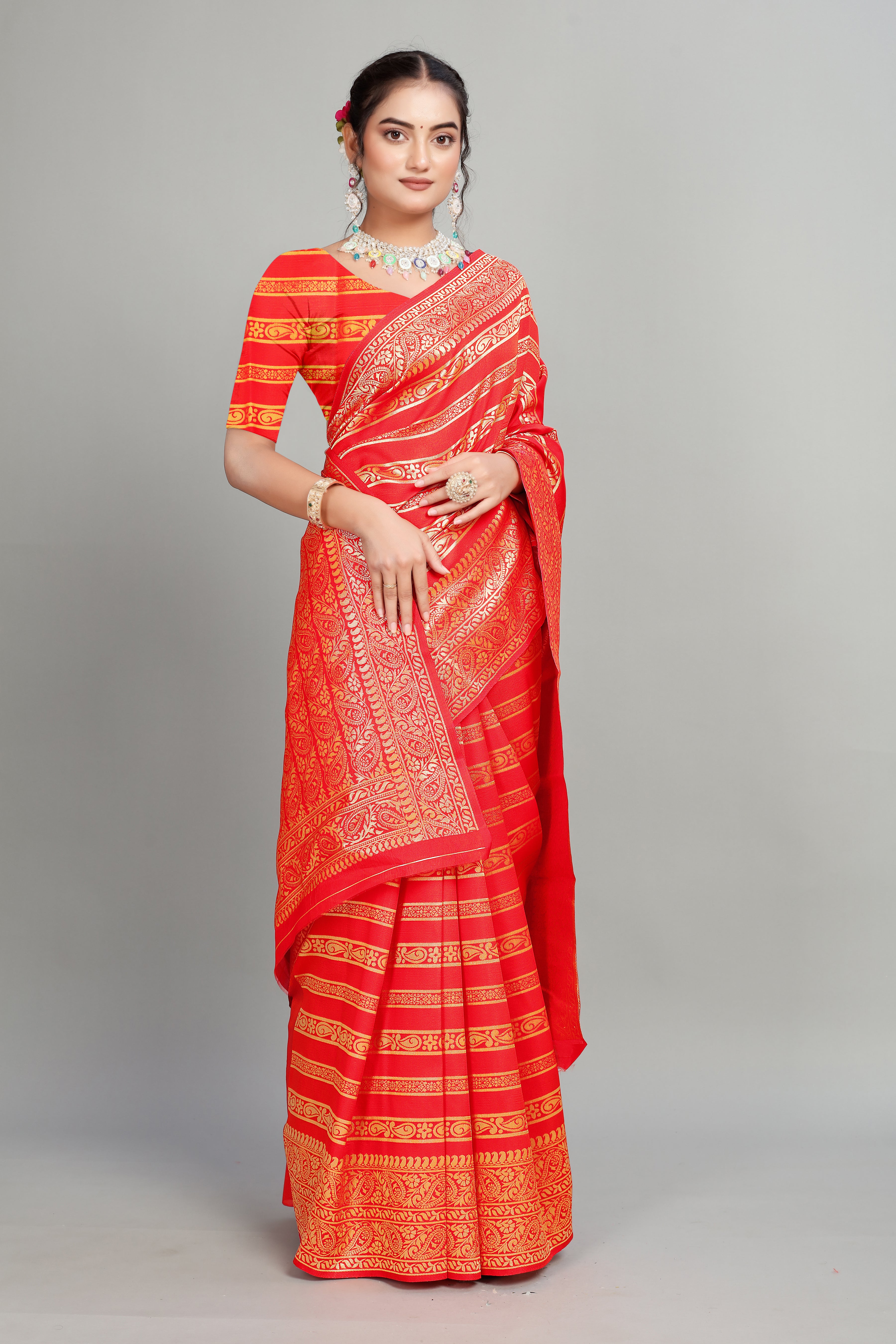 Red Soft Lichi Silk Golden Striped Silk Saree