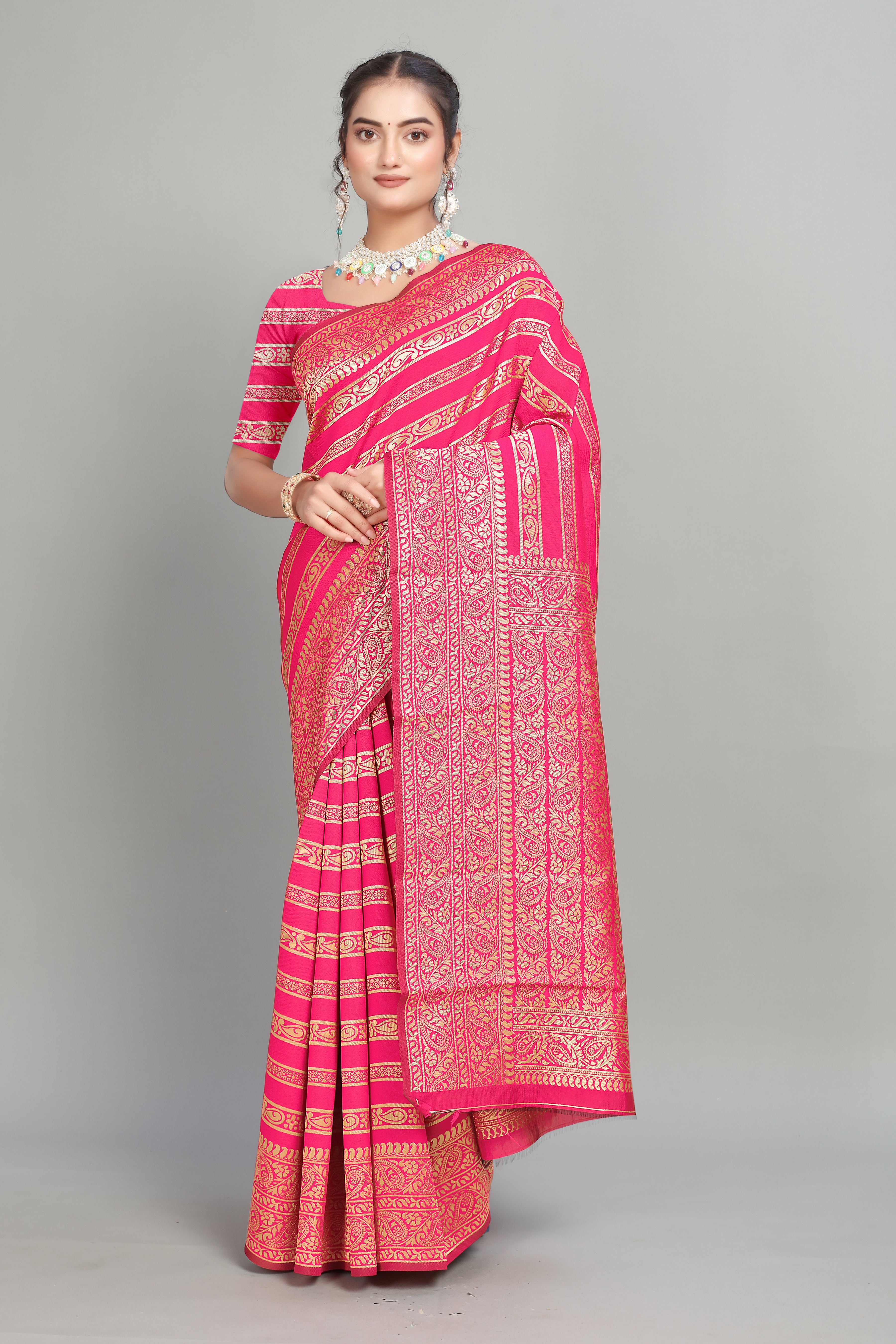 Pink Soft Lichi Silk Golden Striped Silk Saree