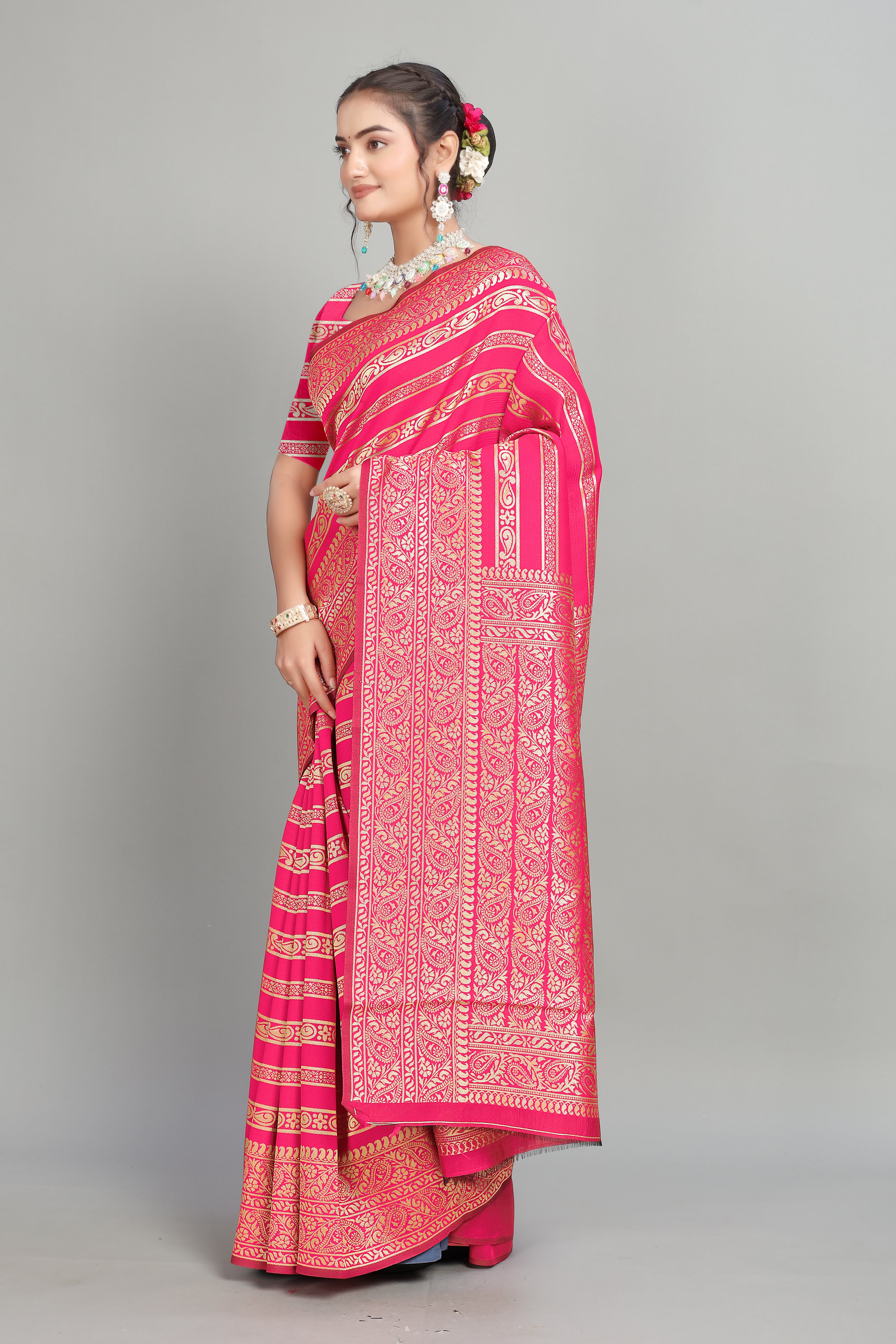 Pink Soft Lichi Silk Golden Striped Silk Saree