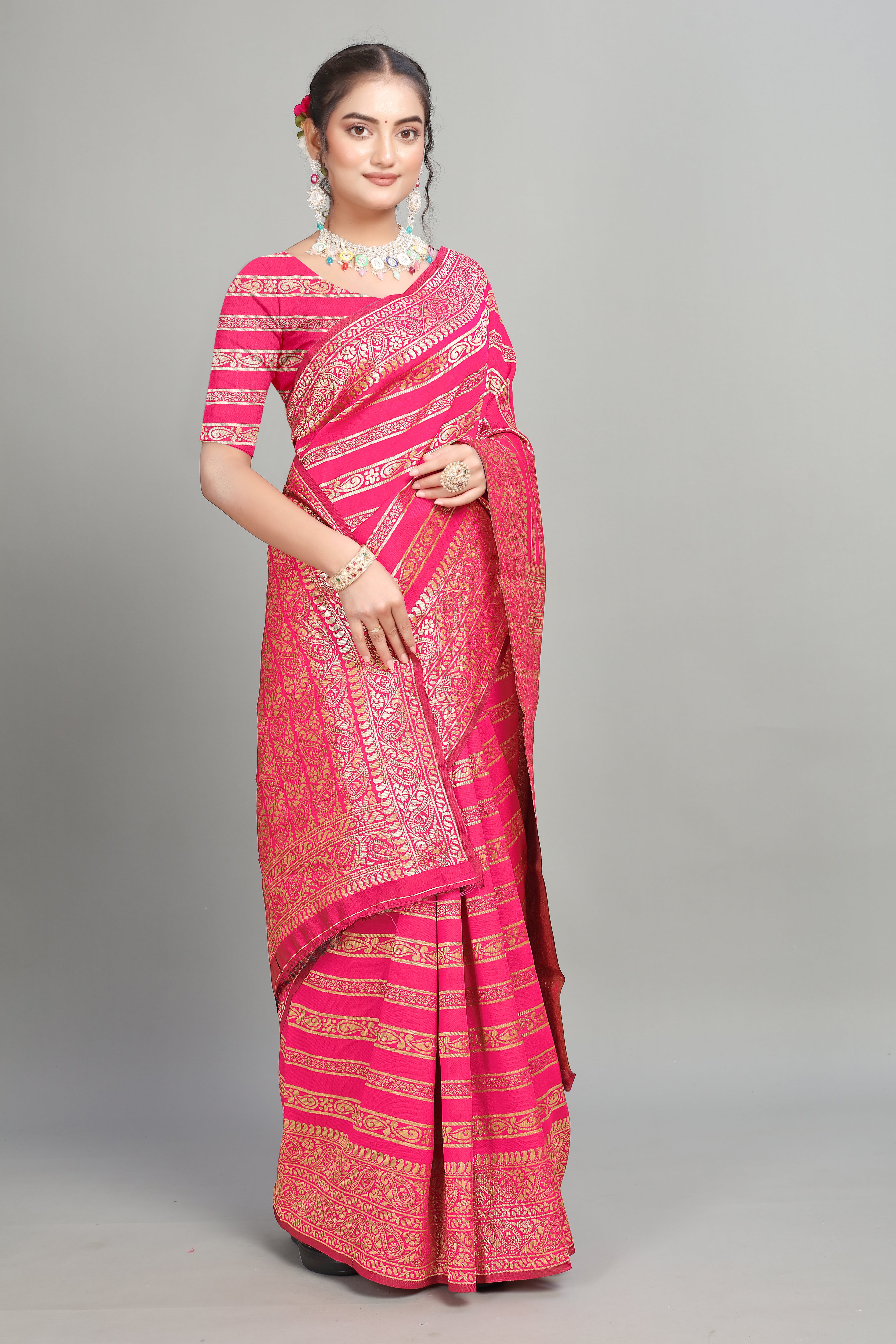 Pink Soft Lichi Silk Golden Striped Silk Saree
