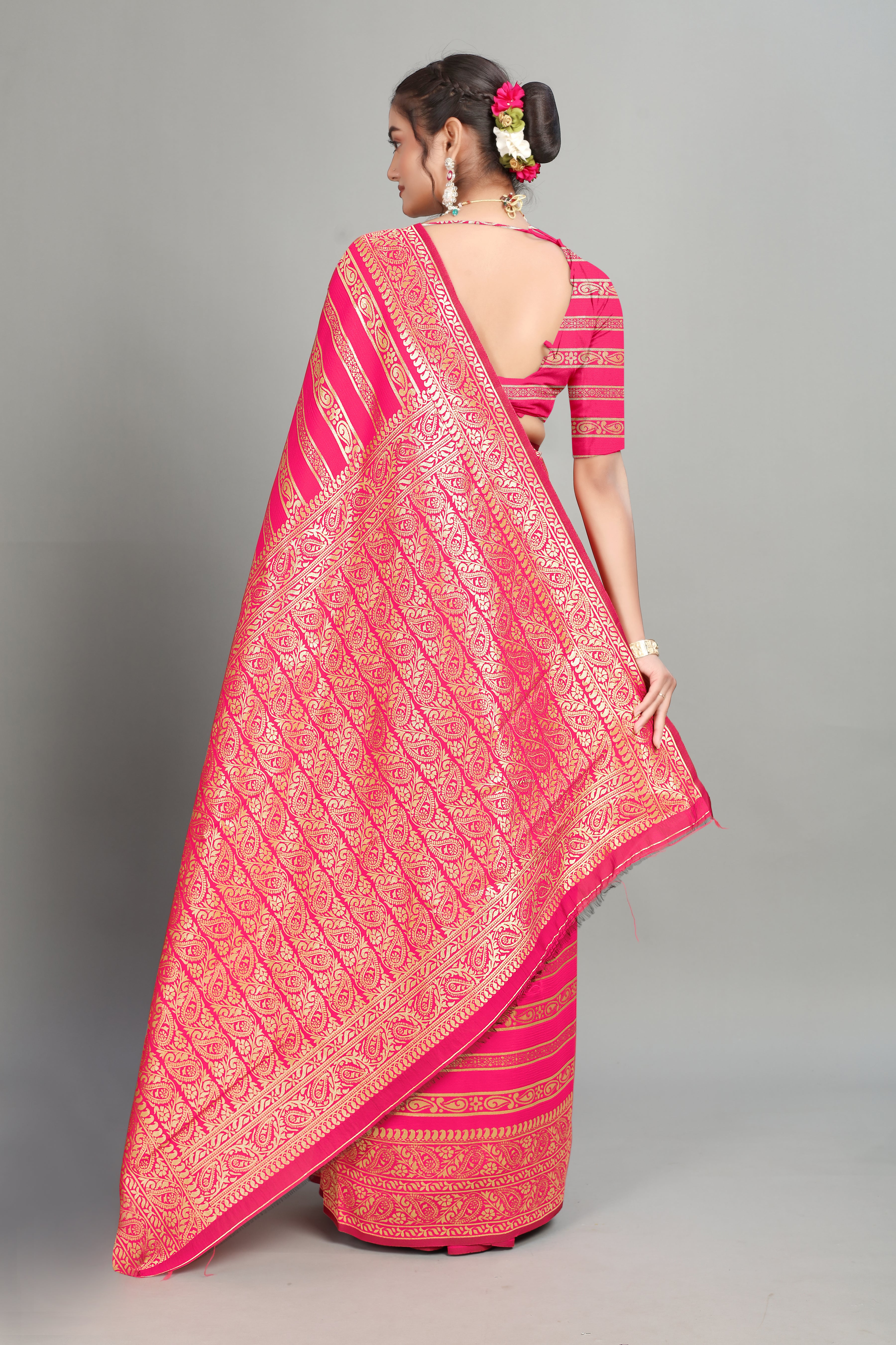 Pink Soft Lichi Silk Golden Striped Silk Saree