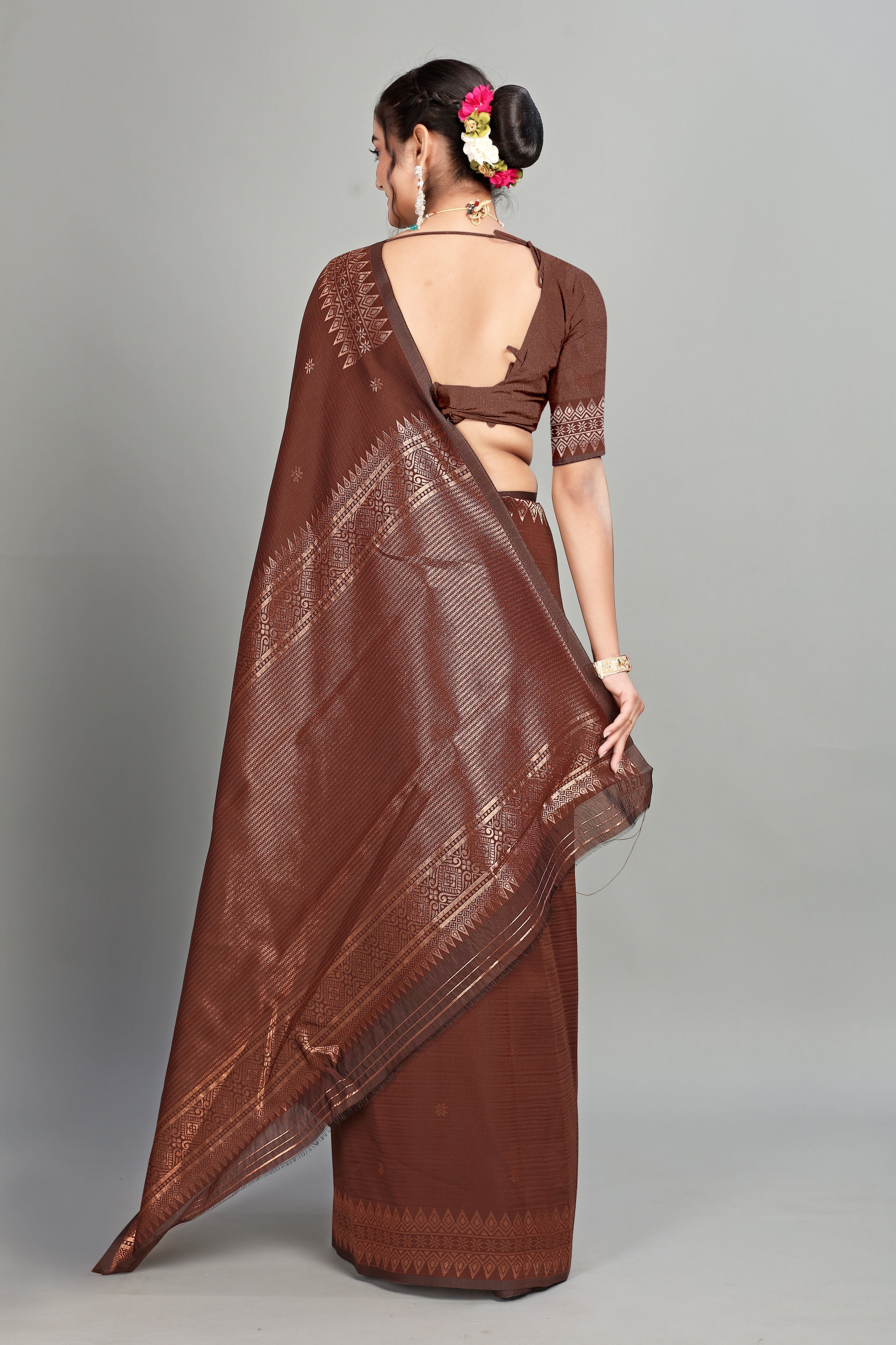 Brown Solid Woven Silk Saree