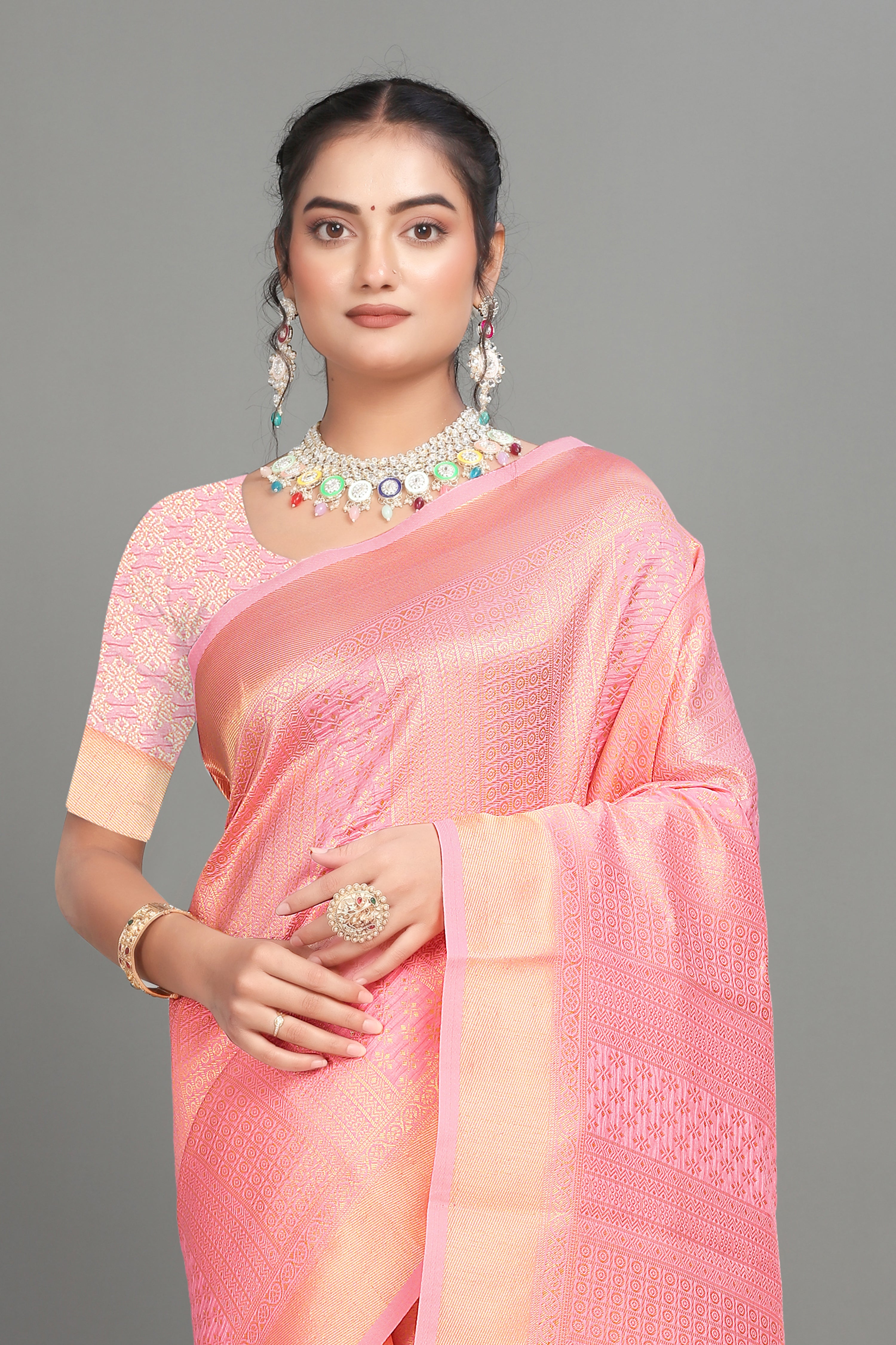Baby Pink Woven Banarasi Silk Saree