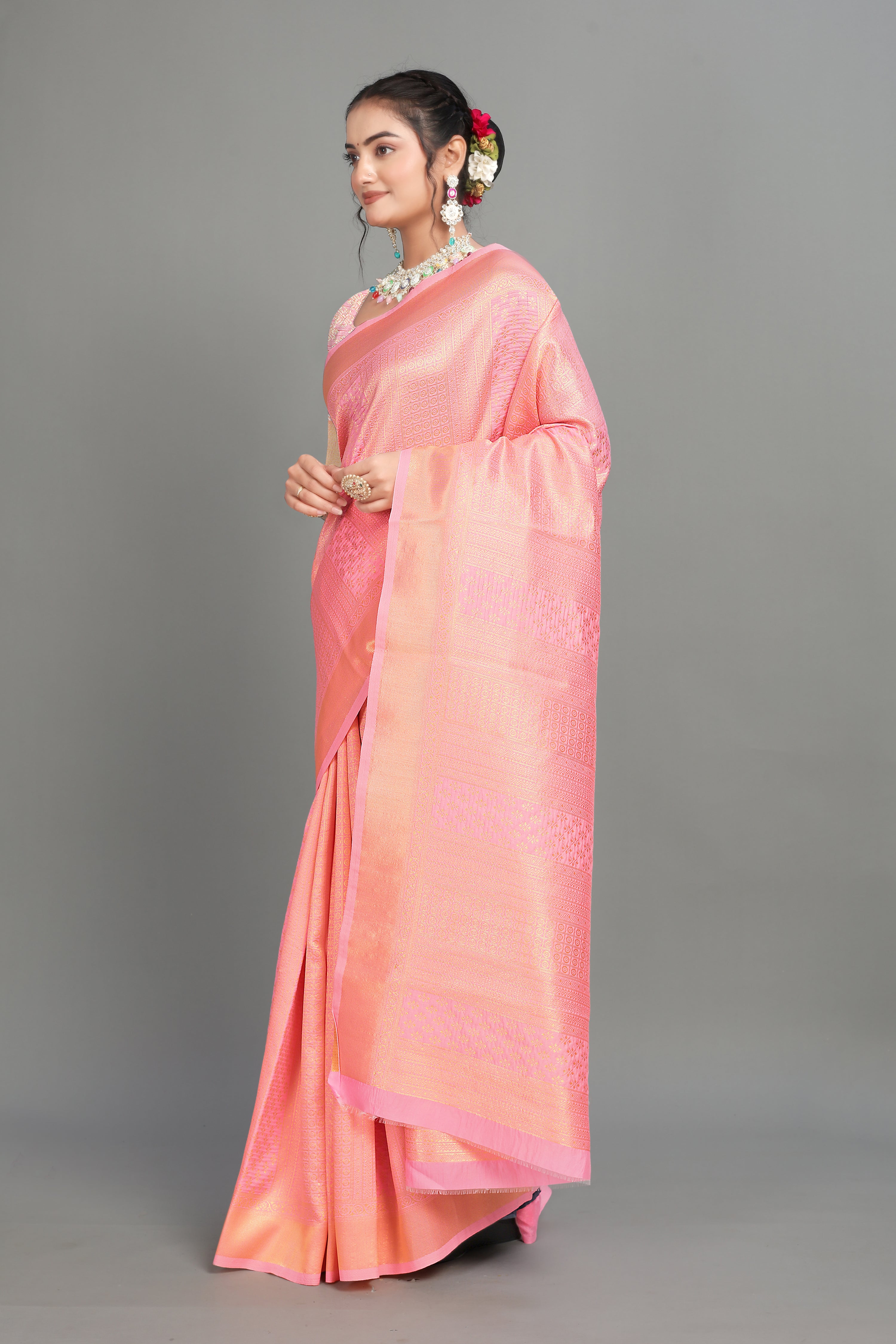 Baby Pink Woven Banarasi Silk Saree