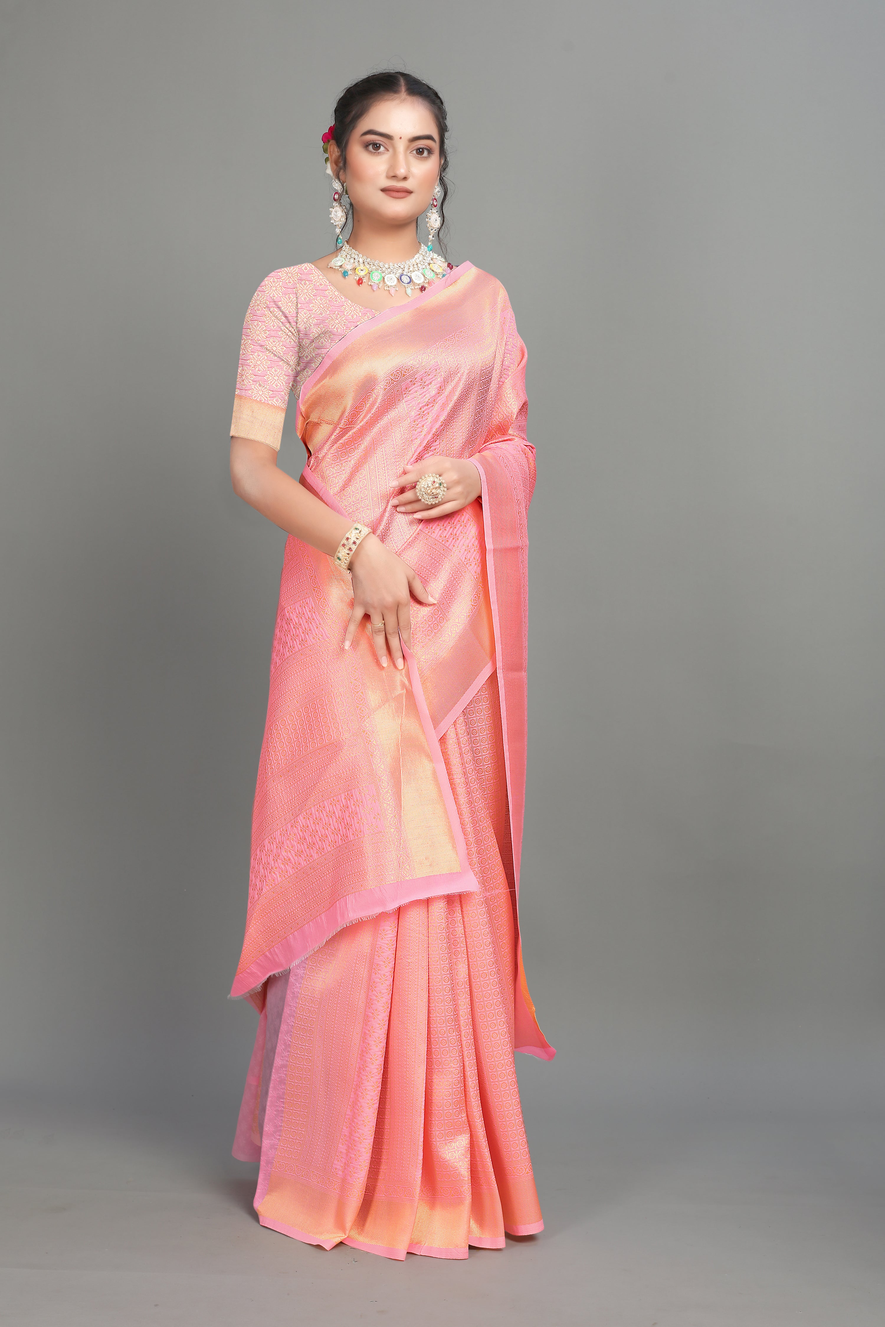 Baby Pink Woven Banarasi Silk Saree
