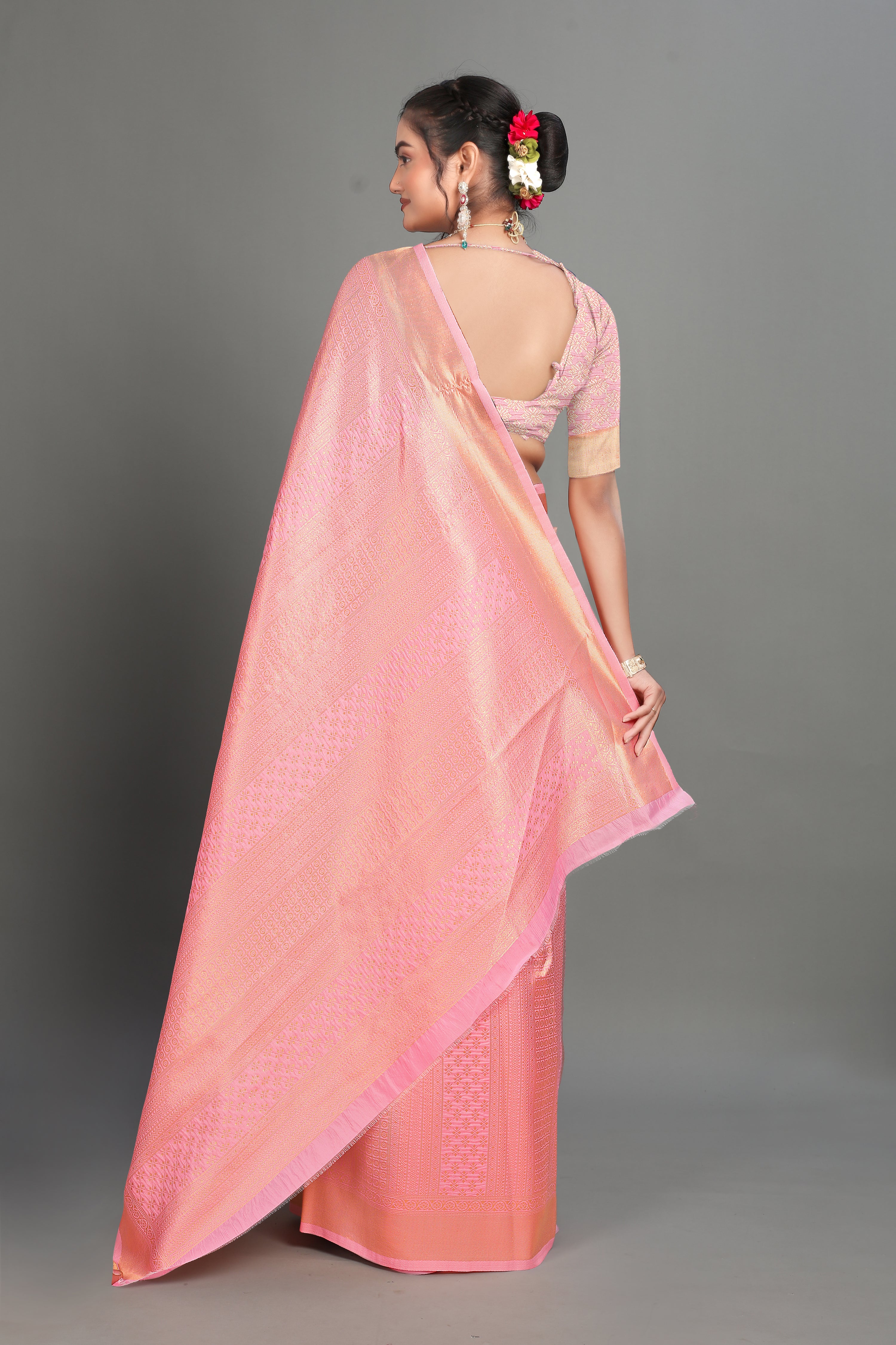 Baby Pink Woven Banarasi Silk Saree
