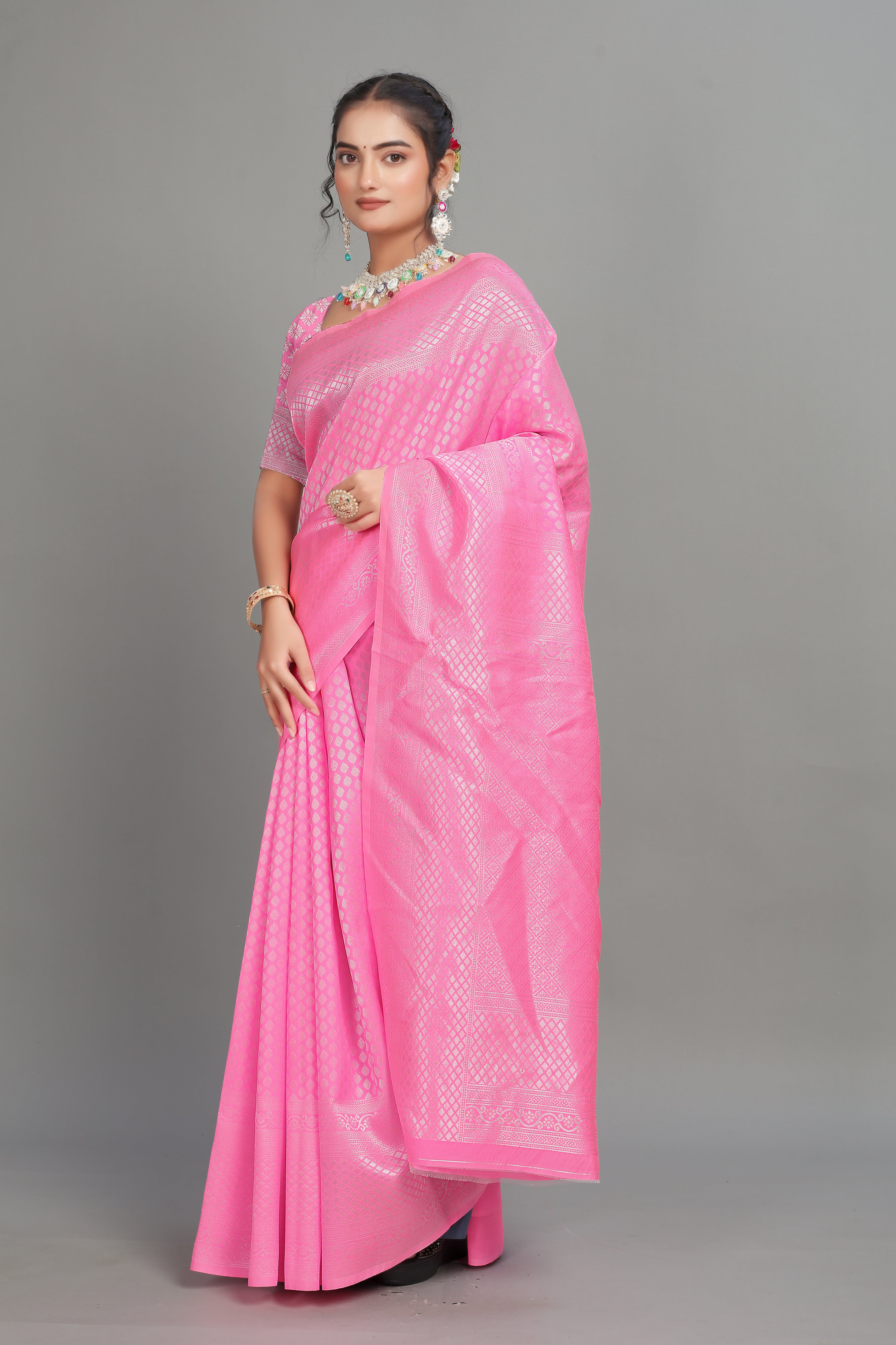 Pink Woven Banarasi Silk Saree