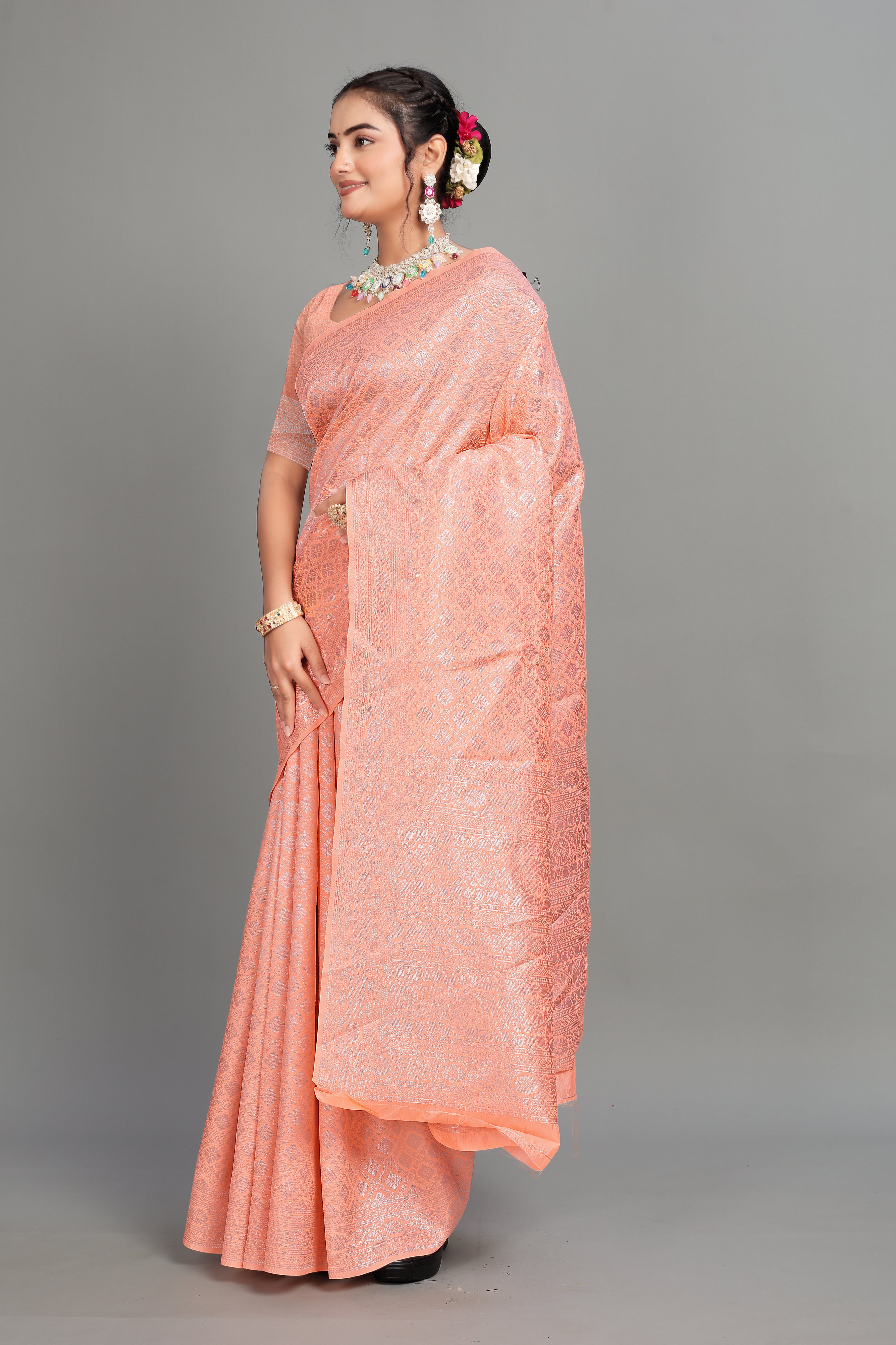 Peach Woven Banarasi Silk Saree