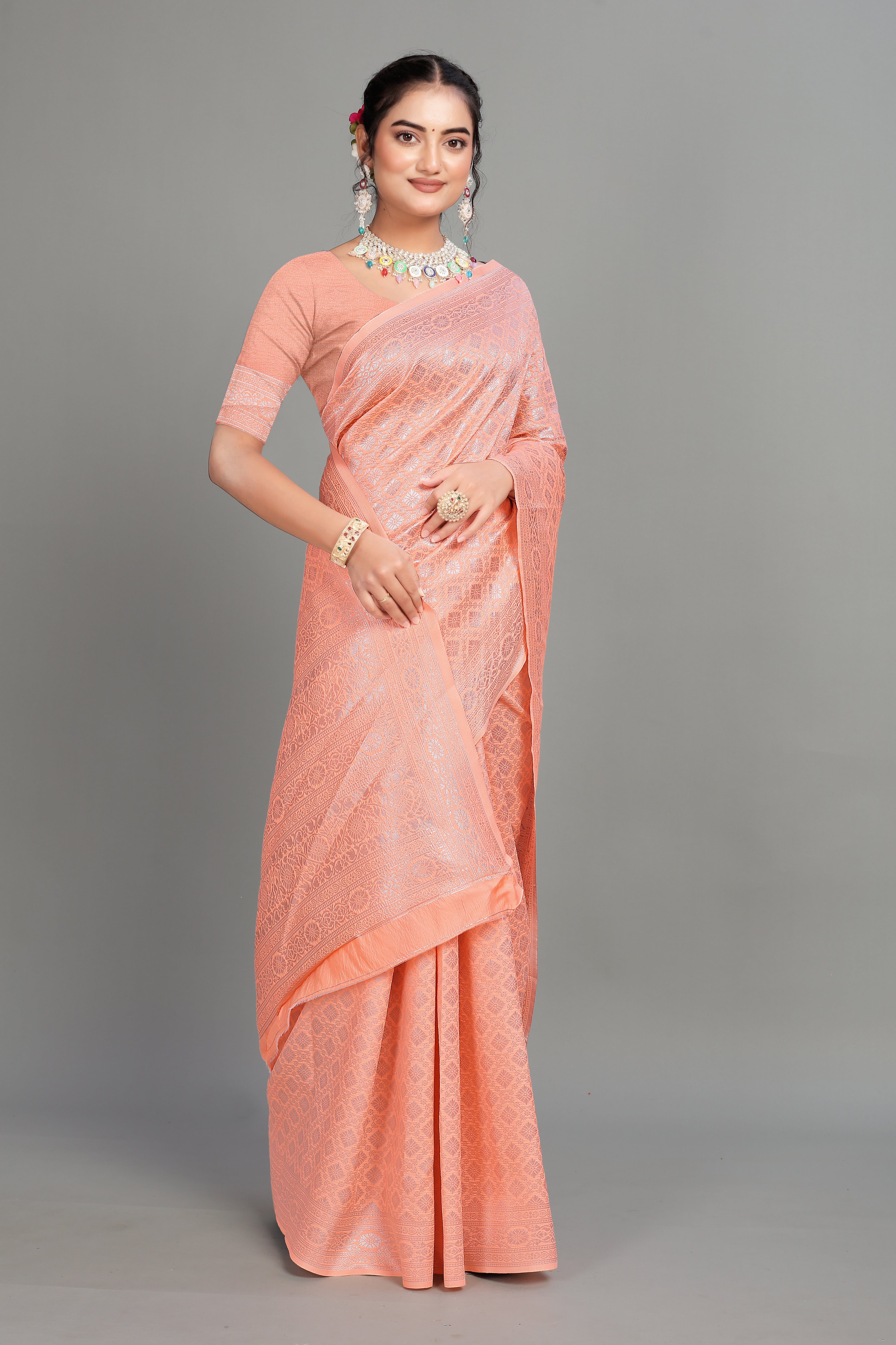Peach Woven Banarasi Silk Saree