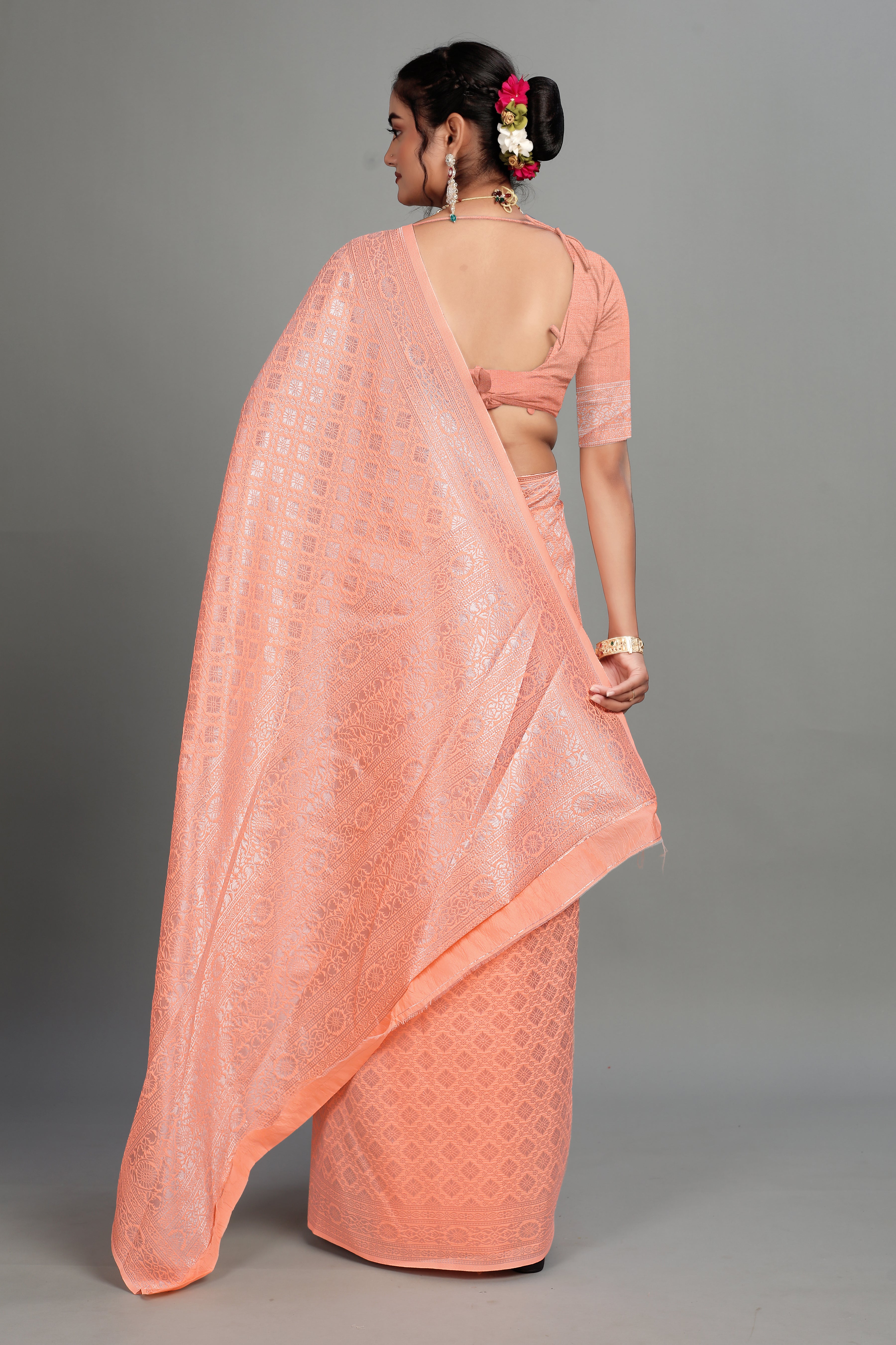 Peach Woven Banarasi Silk Saree