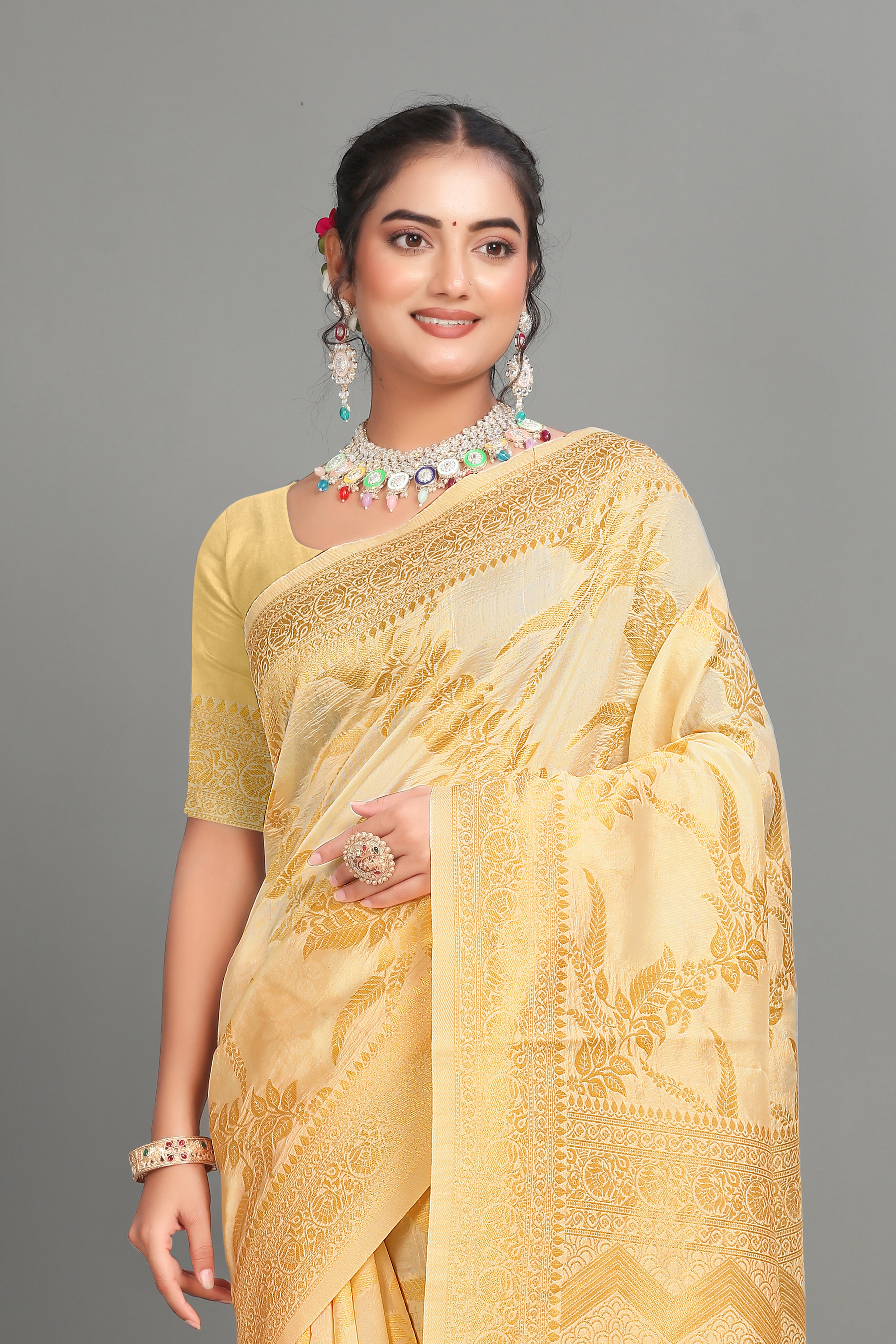 Cream Woven Silk Saree
