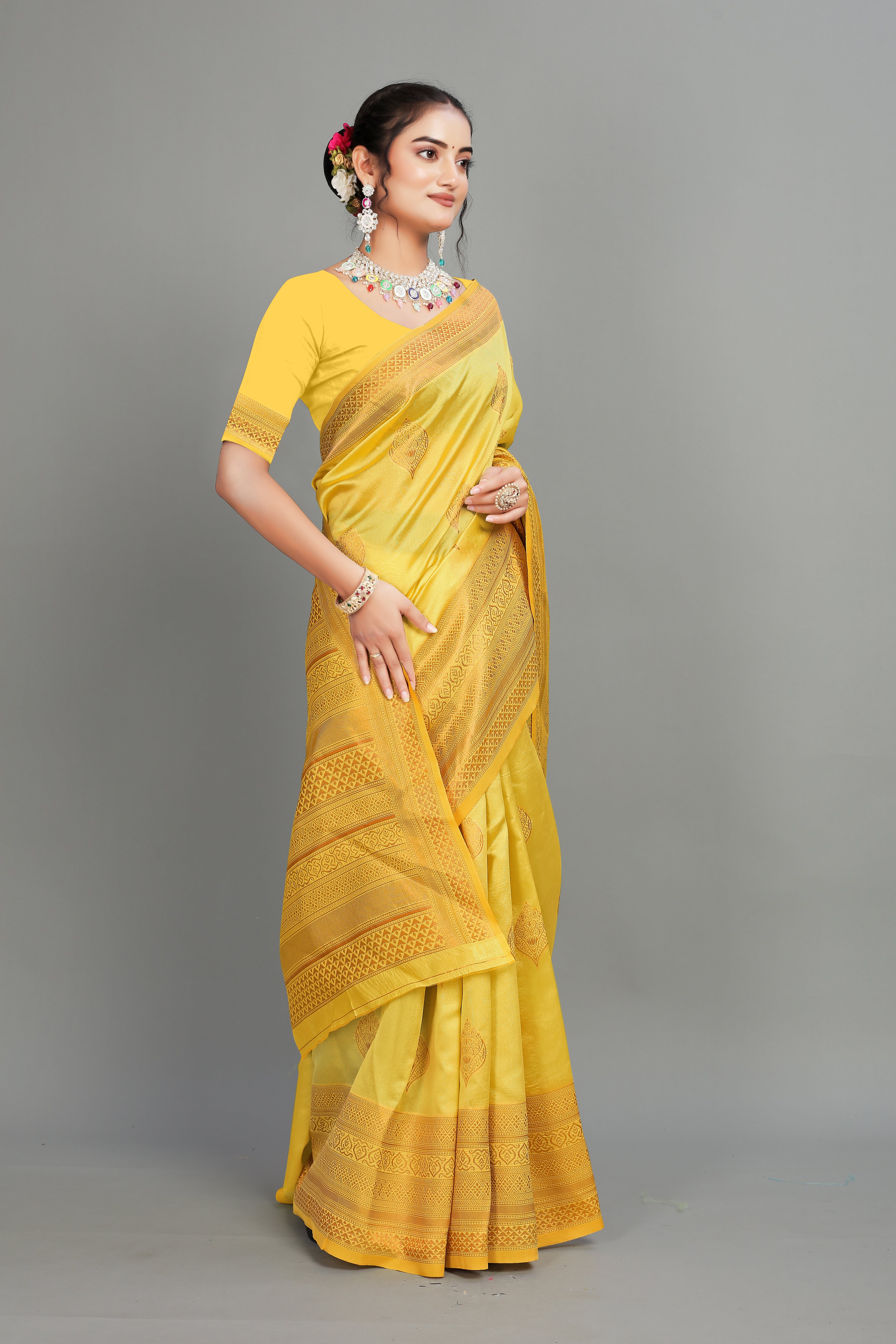 Yellow Woven Silk Blend Saree