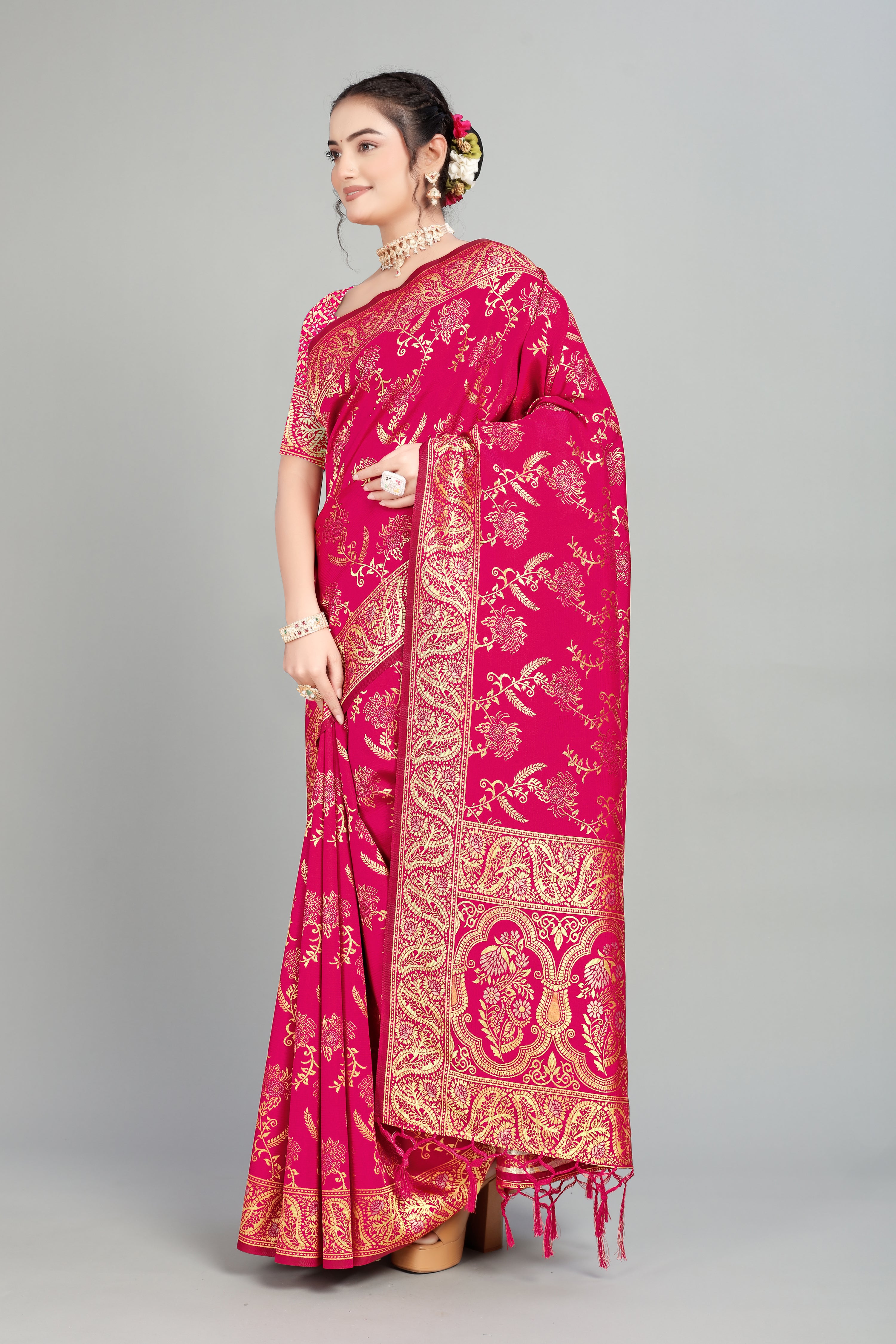 Dark Pink Woven Silk Blend Saree