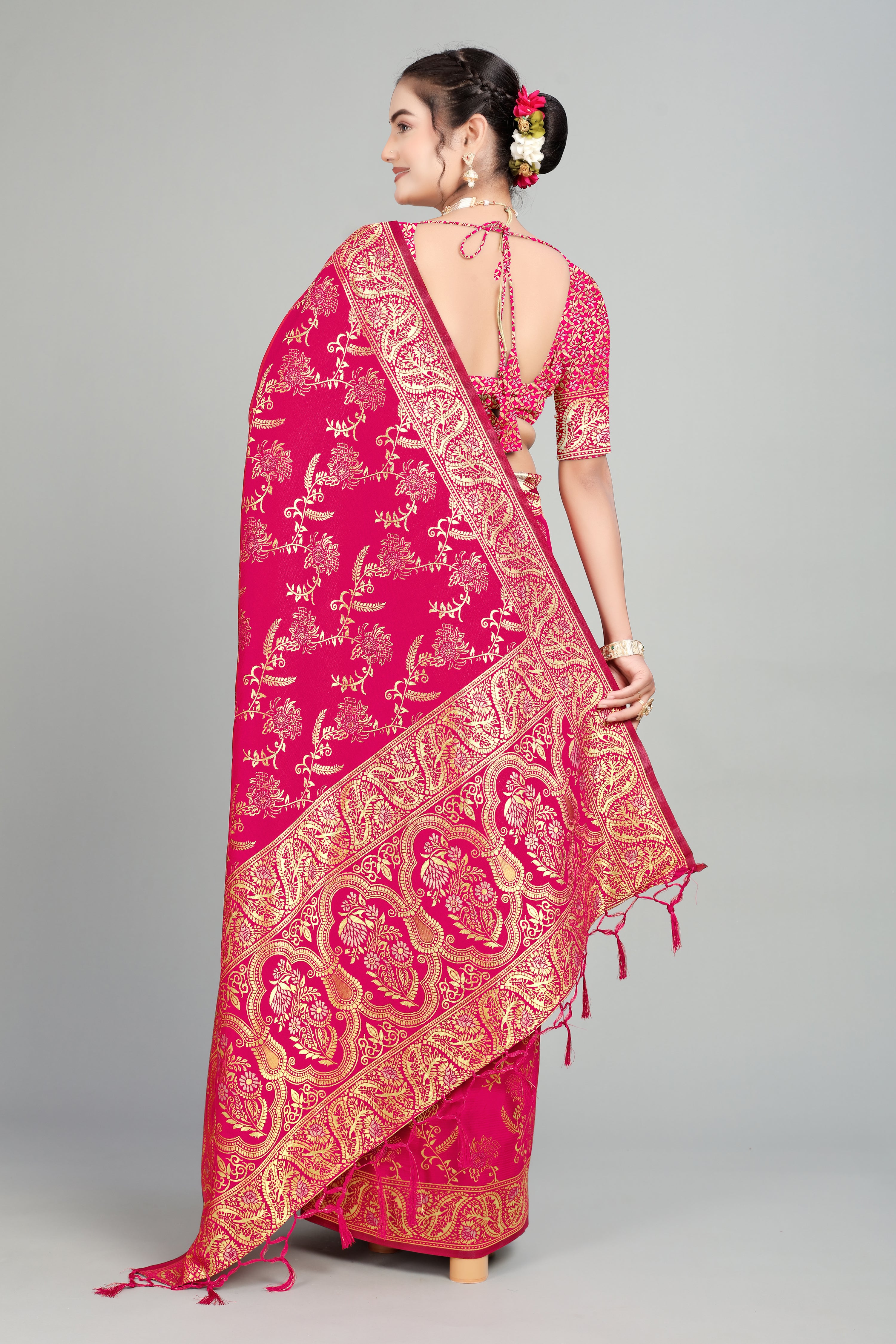 Dark Pink Woven Silk Blend Saree