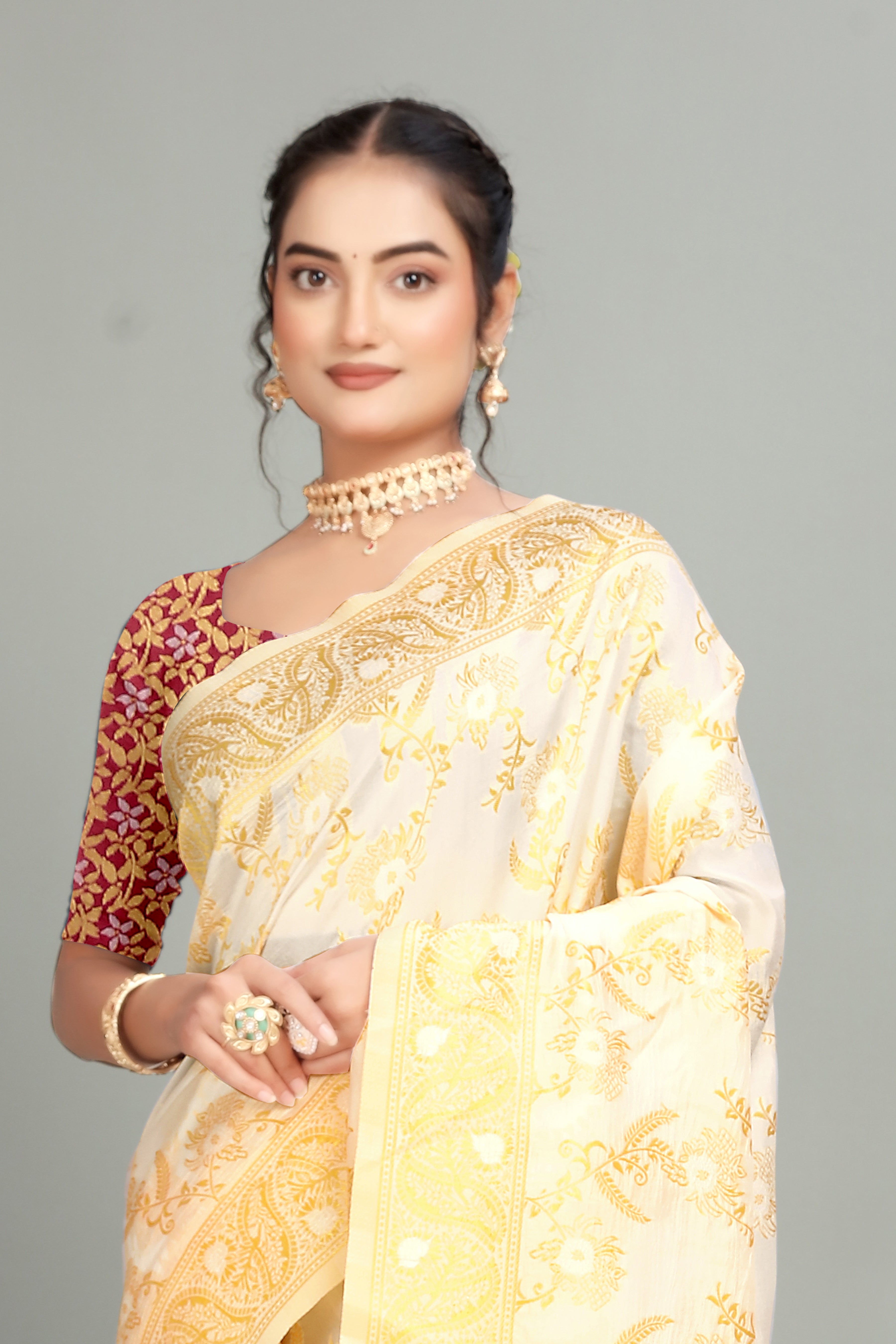 Cream Woven Banarasi Silk Saree