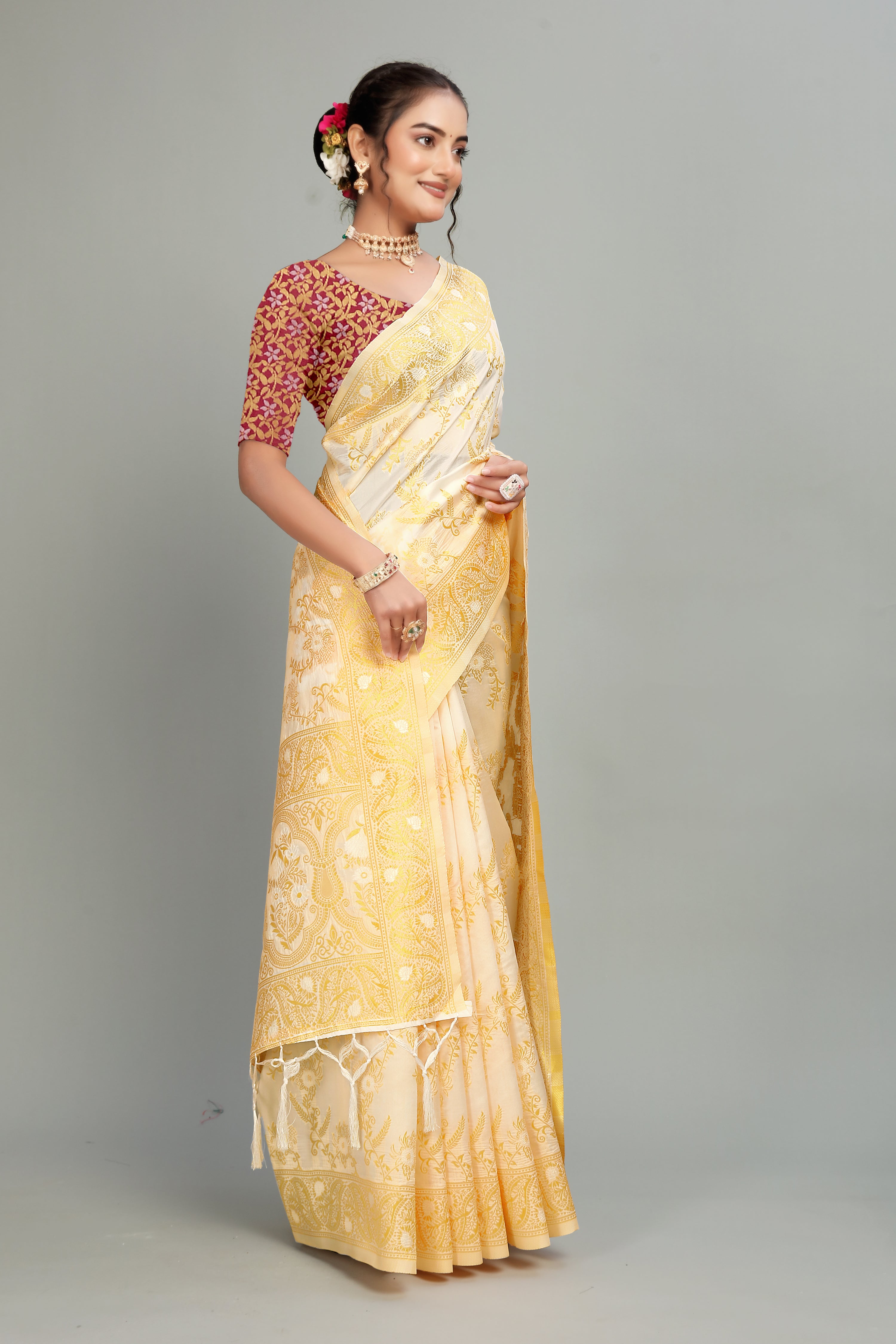 Cream Woven Banarasi Silk Saree