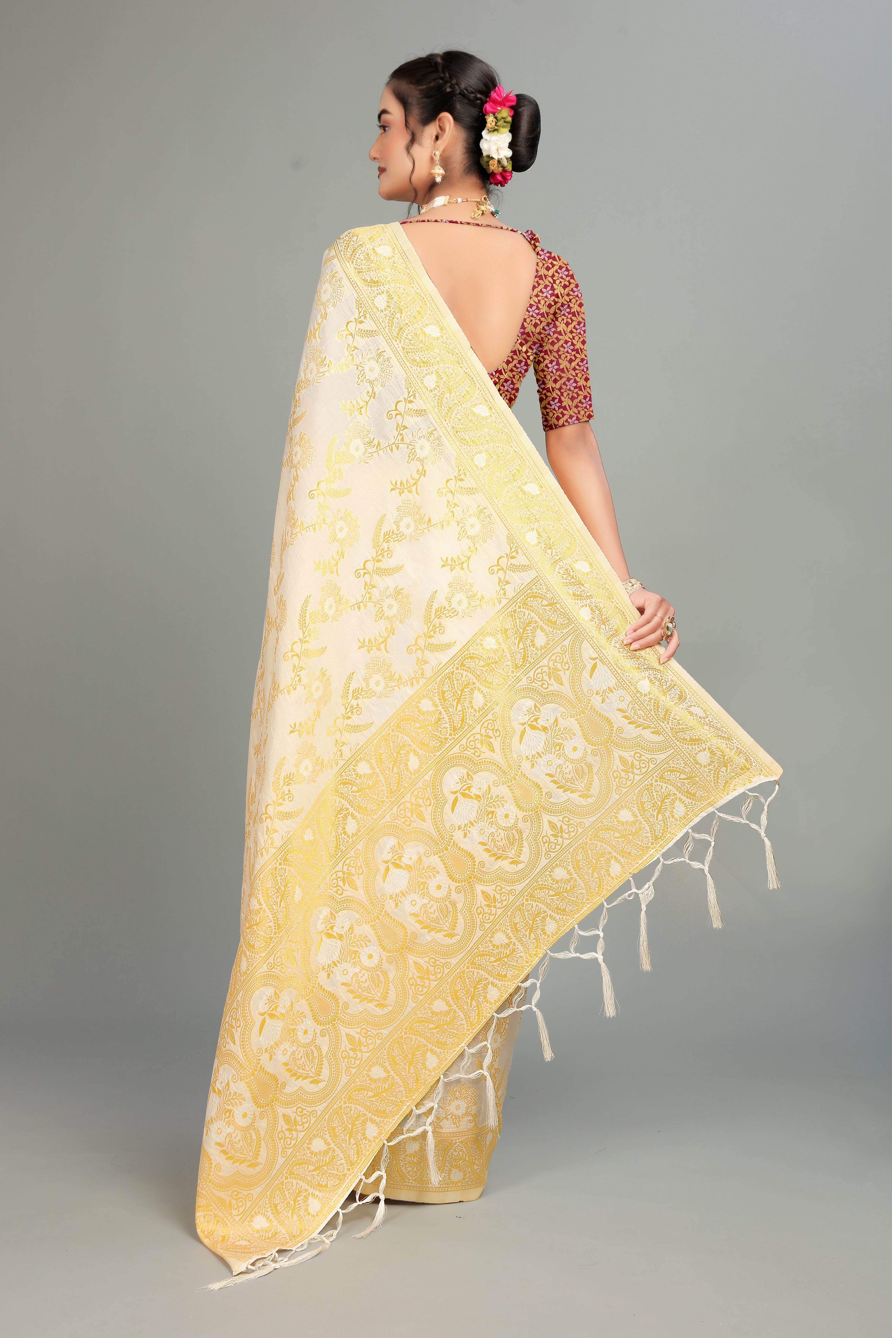 Cream Woven Banarasi Silk Saree